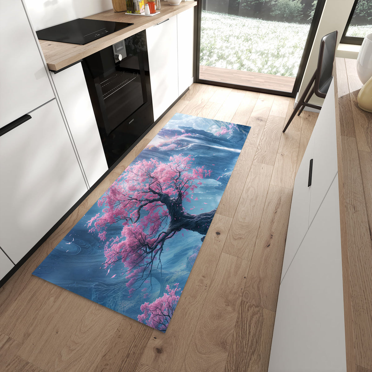 Langlebiger Bodenläufer mit Motiv Zauberhafte Landschaft in moderner Küche