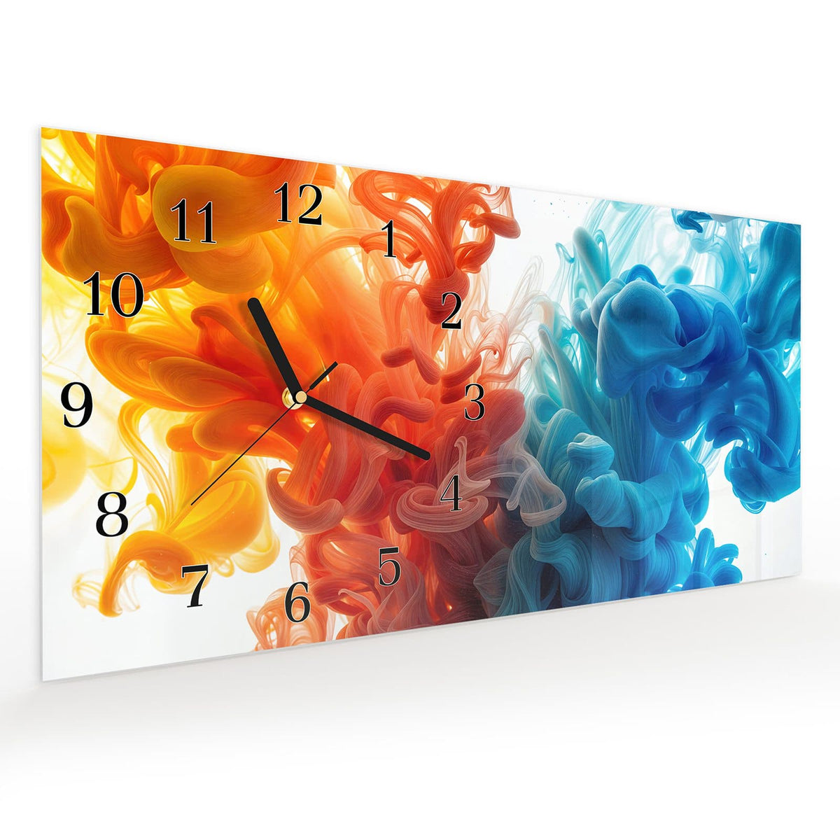 Vormontiert – mit Schwebeeffekt – Wanduhr Farbige_ Wirbel aus Glas – Querformat 60 × 30 cm