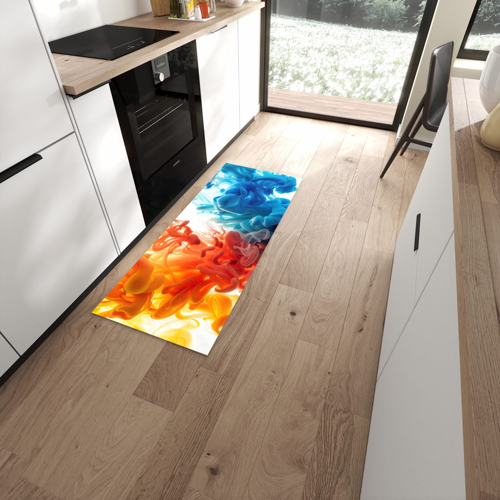 Waschbarer Küchenläufer mit Motiv Farbige_ Wirbel in moderner Küche #grösse_60 x 150 cm