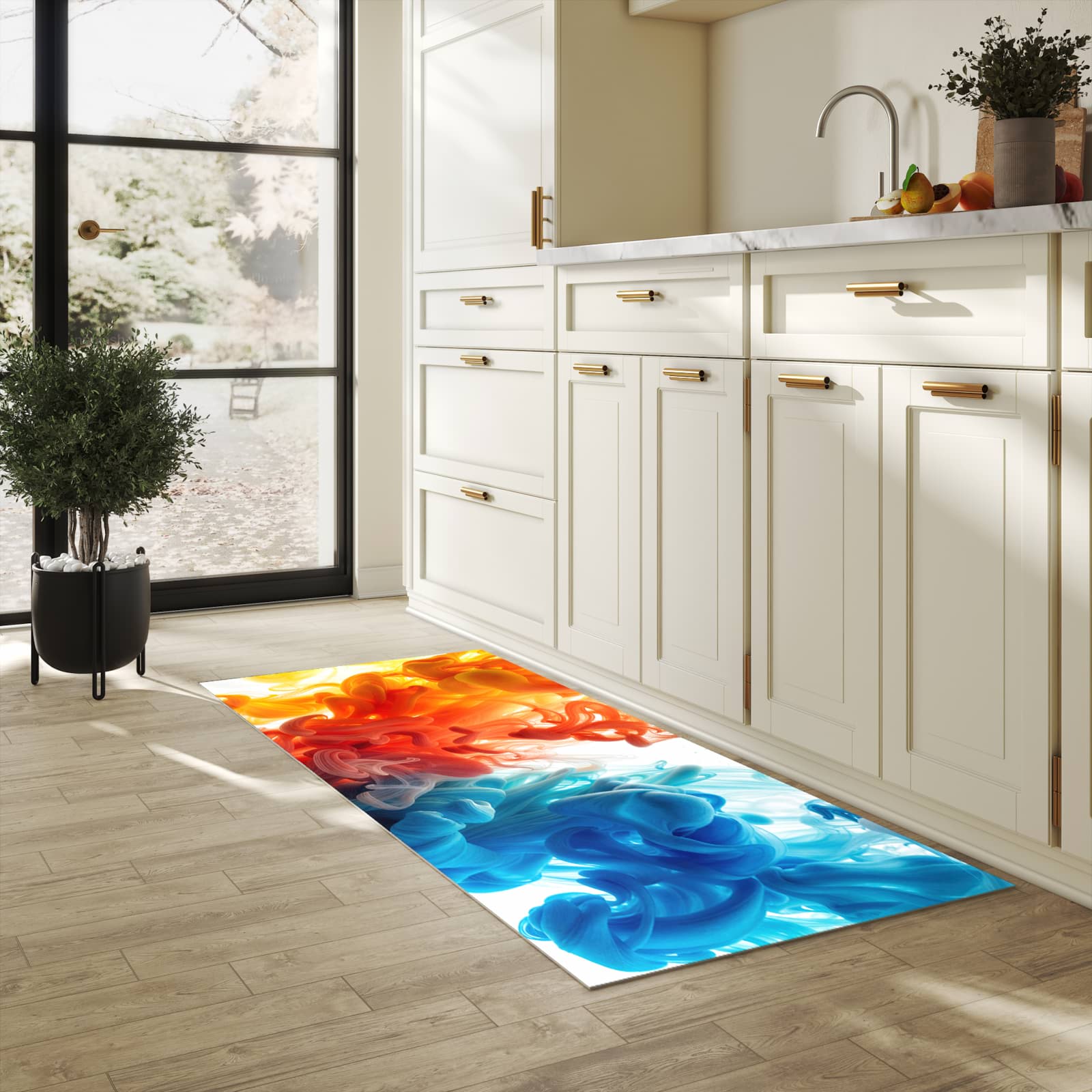 Fleckenresistenter waschbarer Teppich Küche mit Motiv Farbige_ Wirbel in heller Küche