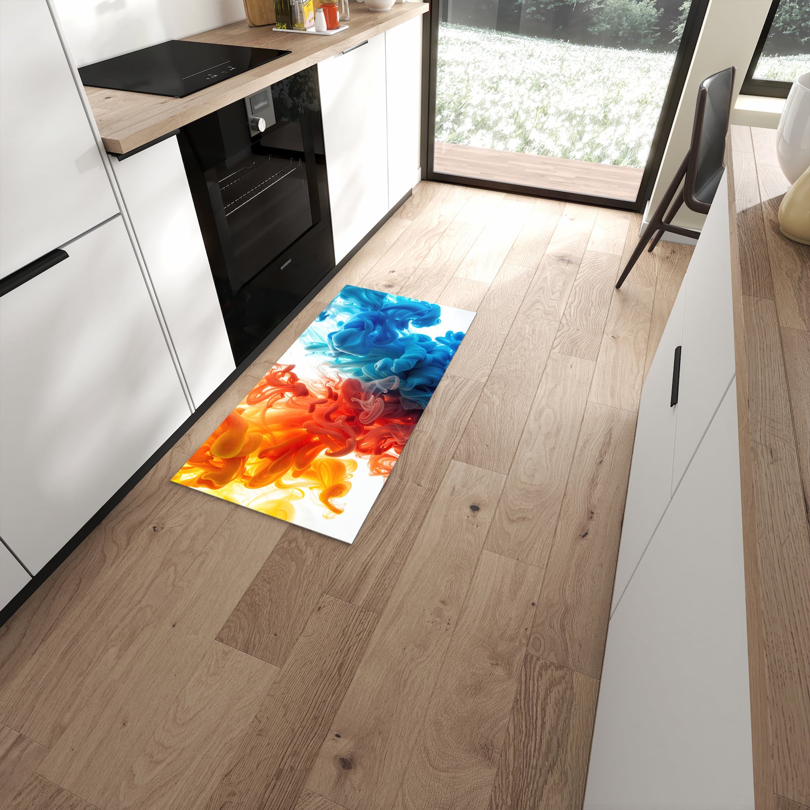 Strapazierfähiger Läufer für die Küche mit Motiv Farbige_ Wirbel in moderner Küche #grösse_60 x 120 cm