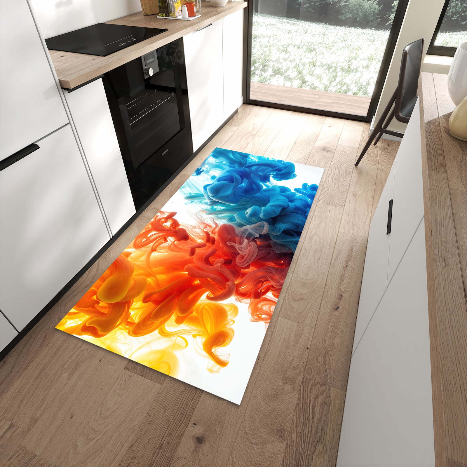 Zeitsparender langer Teppich mit Motiv Farbige_ Wirbel in moderner Küche