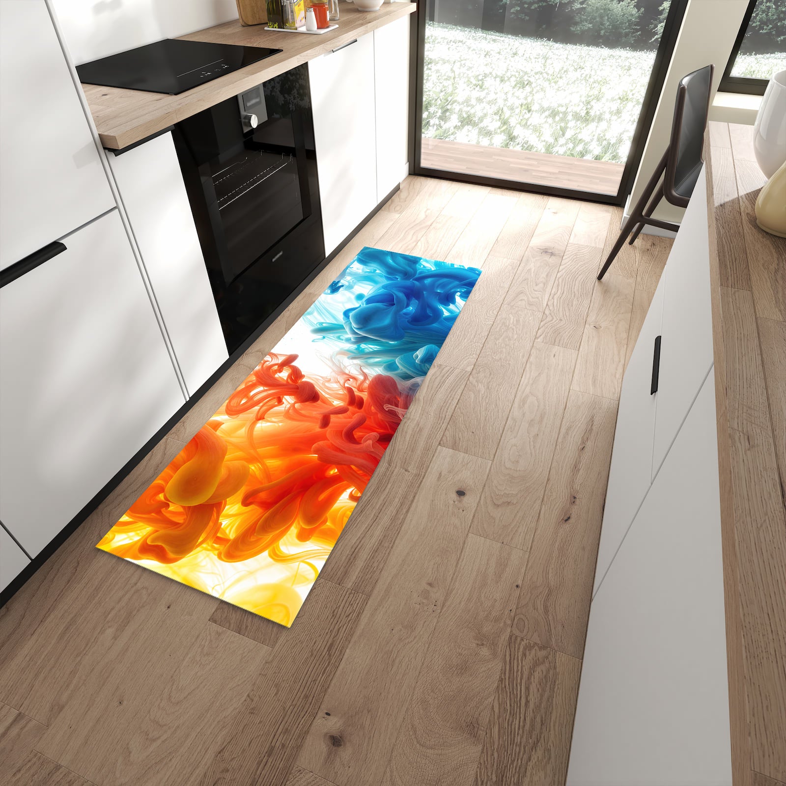 Langlebiger Küchenläufer mit Motiv Farbige_ Wirbel in moderner Küche