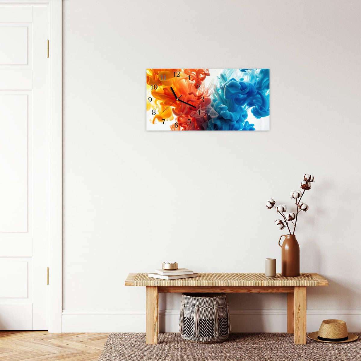 Moderne Wanduhr aus Glas mit Farbtiefe – Wanduhr Farbige_ Wirbel aus Glas – Querformat 60 × 30 cm