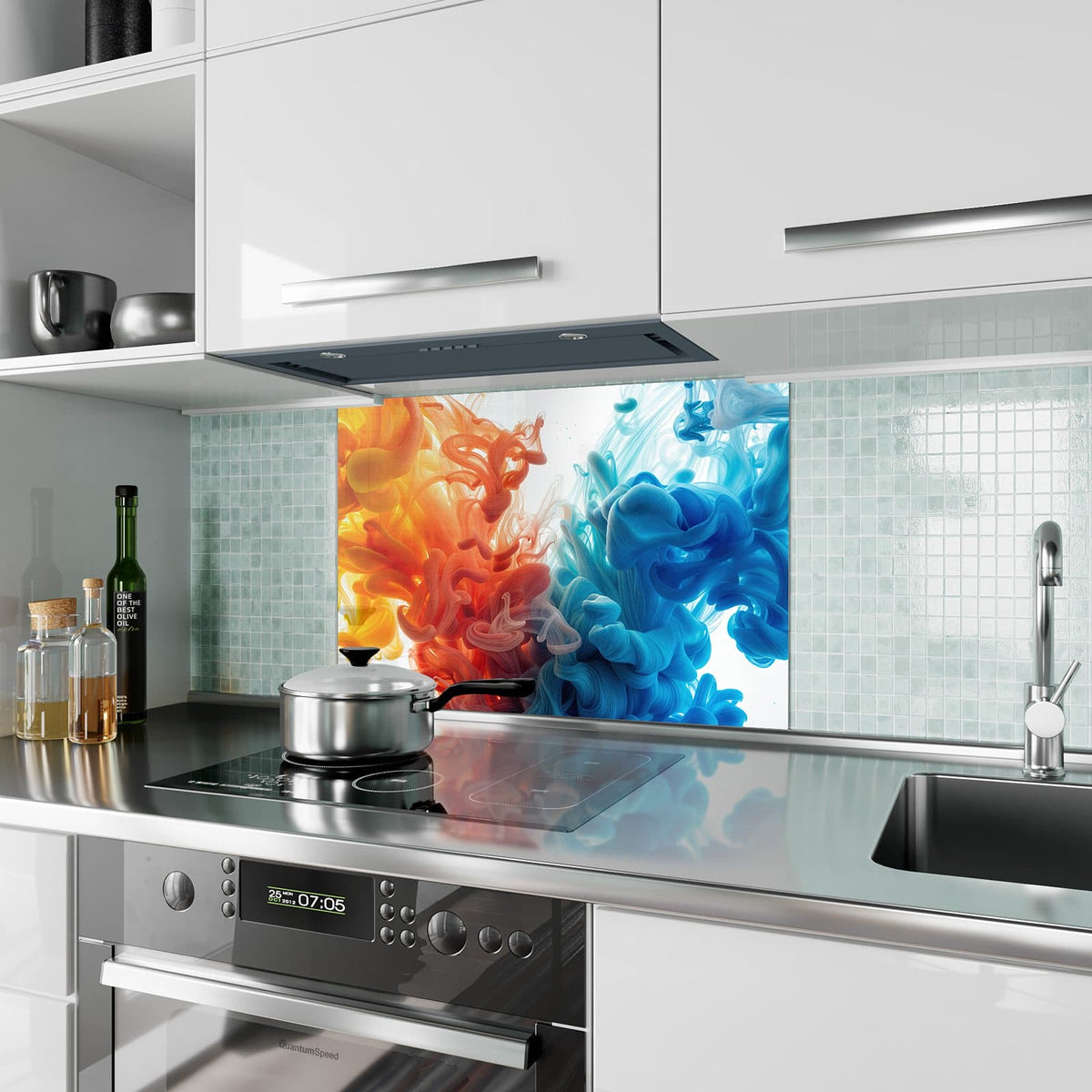 Küchenrückwand aus Glas Tinte im Wasser im Hochformat als Spritzschutz hinter dem Kochfeld, über dem Fliesenspiegel montiert