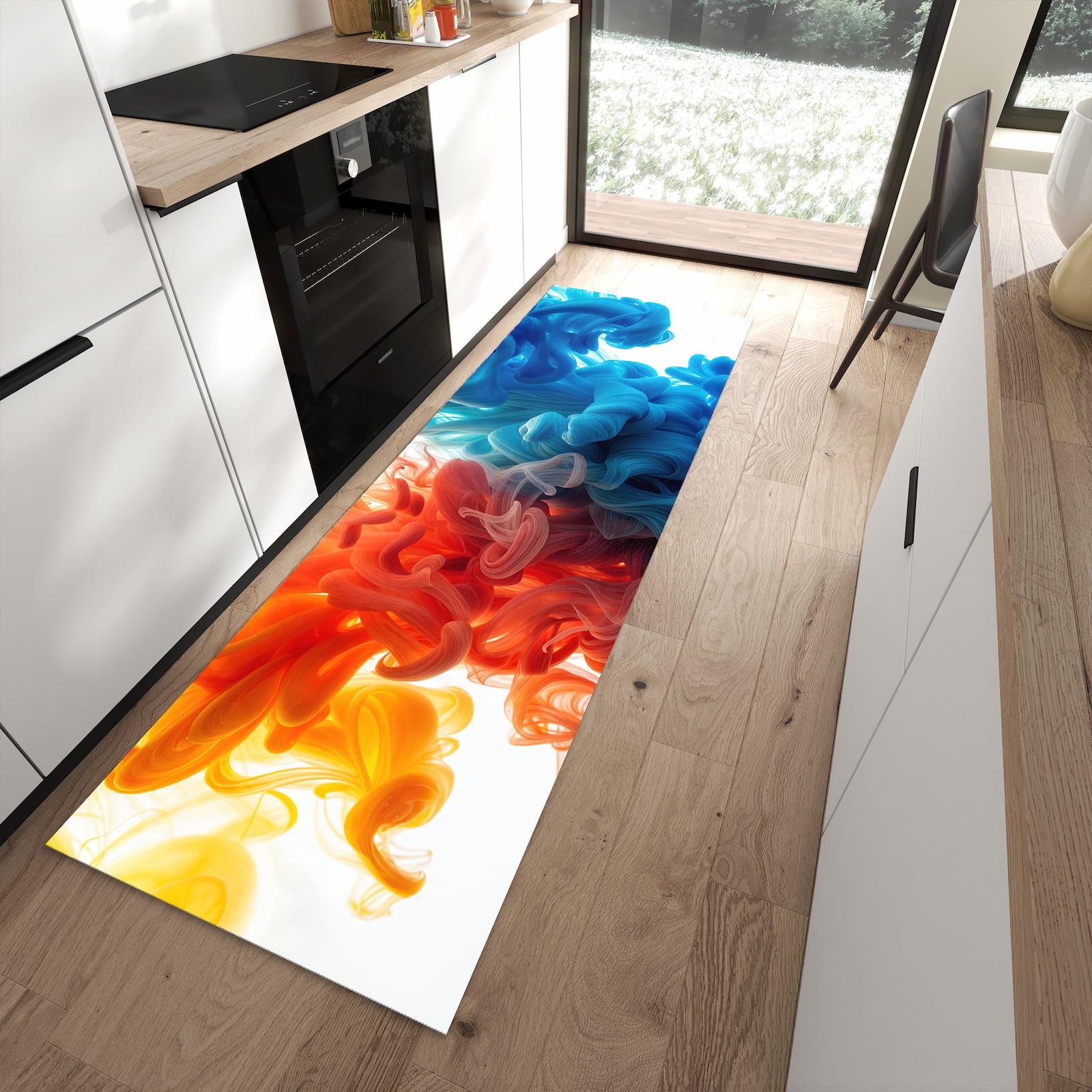 Farbbeständiger Teppichläufer mit Motiv Farbige_ Wirbel in moderner Küche