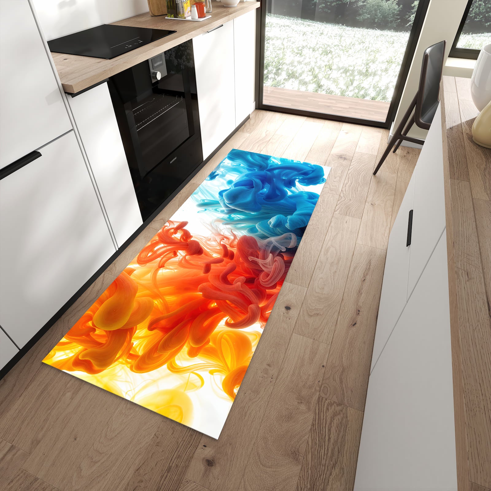 Bodenschonender Küchenläufer mit Motiv Farbige_ Wirbel in moderner Küche