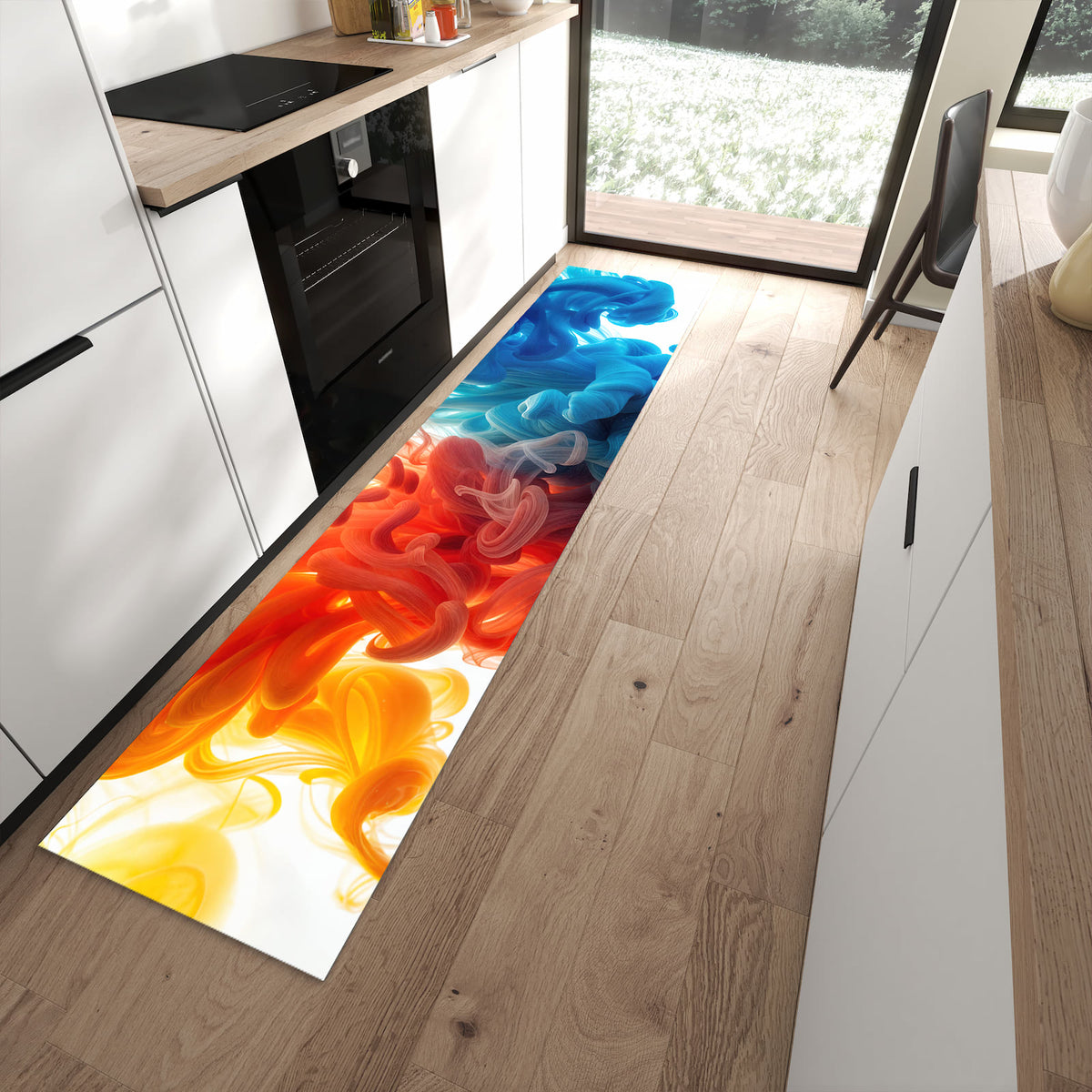 Feuchtigkeitsresistenter Küchenvorleger mit Motiv Farbige_ Wirbel in moderner Küche