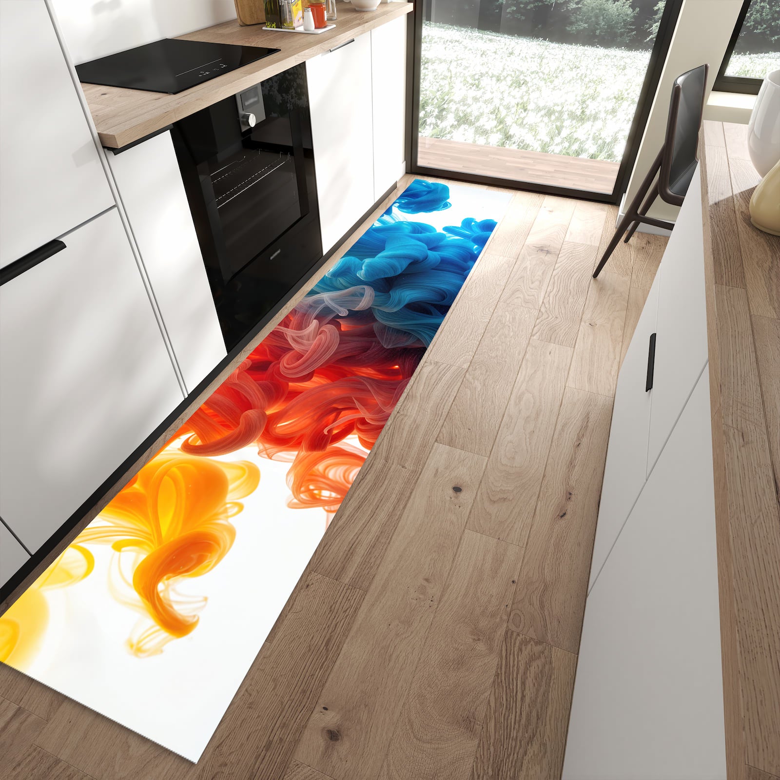 Bodenschonender Küchenteppich mit Motiv Farbige_ Wirbel in moderner Küche
