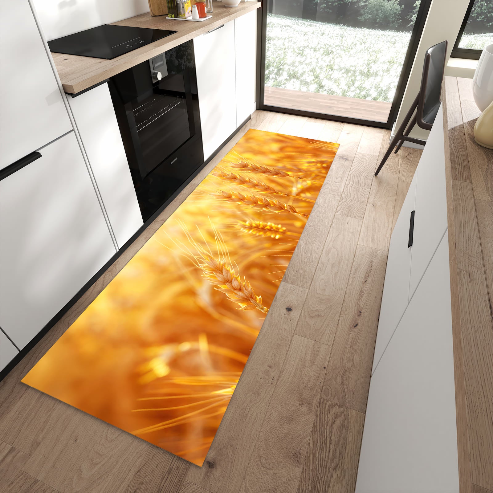 Komfortabler Küchenteppich mit Motiv Sonnenuntergang von Weizenfeld in moderner Küche