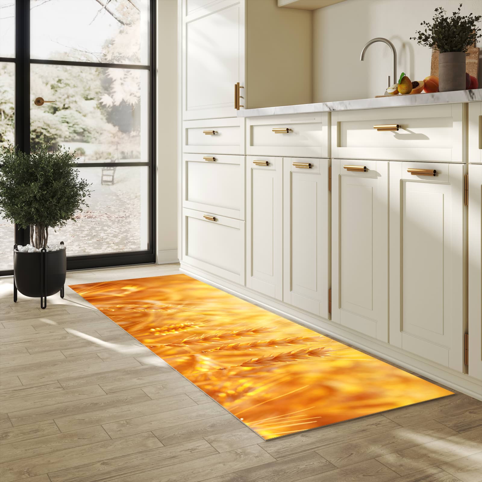 Rutschfester Küchenläufer mit Motiv Sonnenuntergang von Weizenfeld in heller Küche