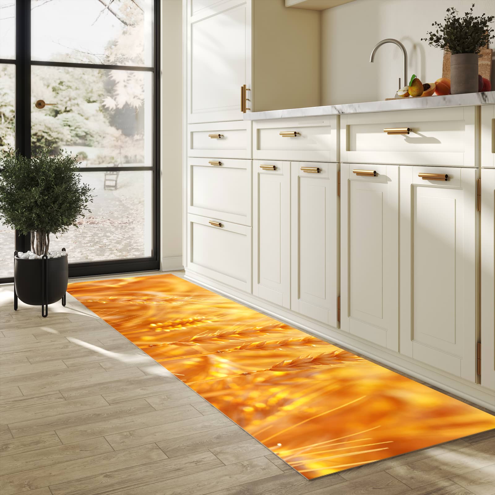 Küchenteppich mit Motiv Sonnenuntergang von Weizenfeld für angenehme Haptik in heller Küche