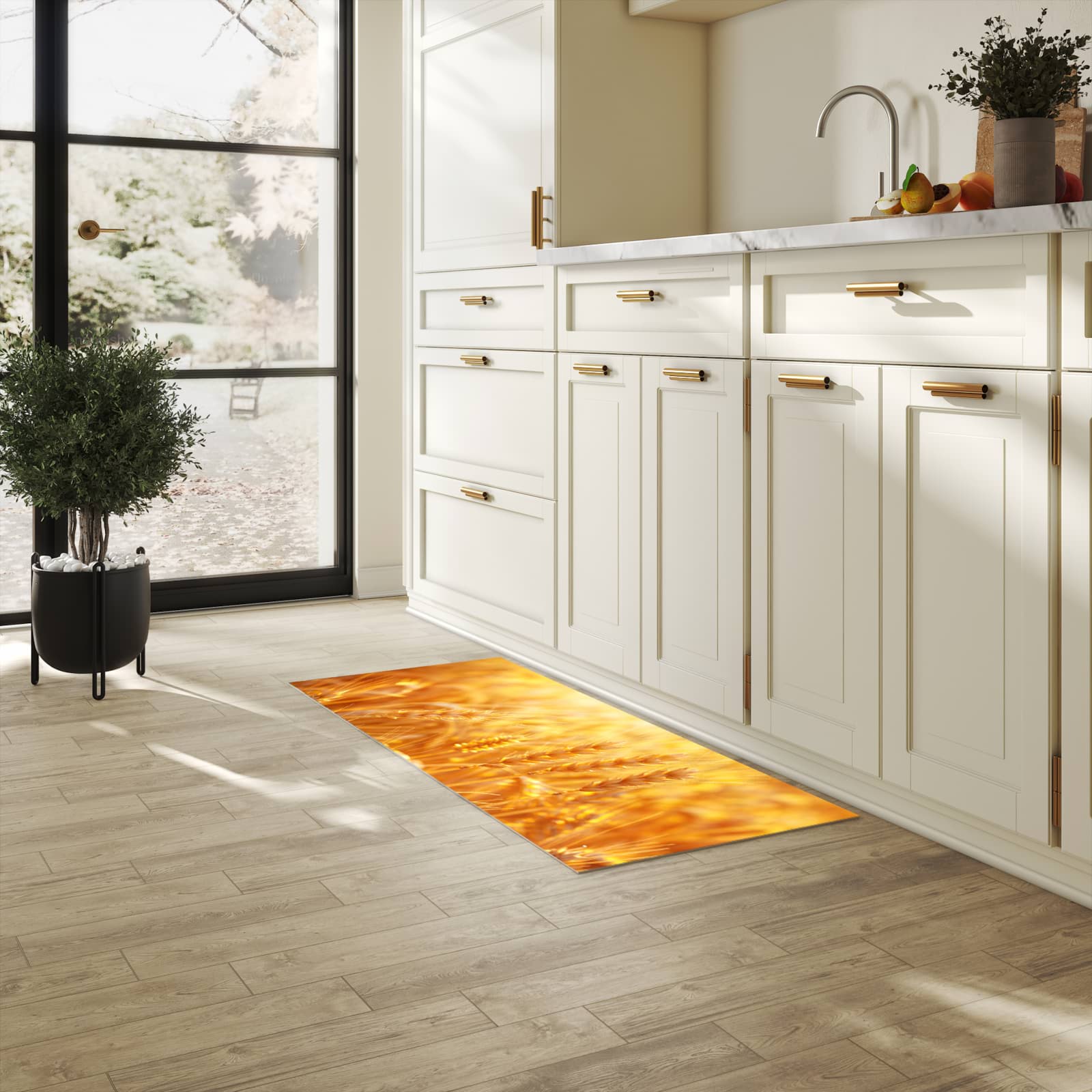 Fleckenresistenter rutschfester Küchenläufer mit Motiv Sonnenuntergang von Weizenfeld in heller Küche