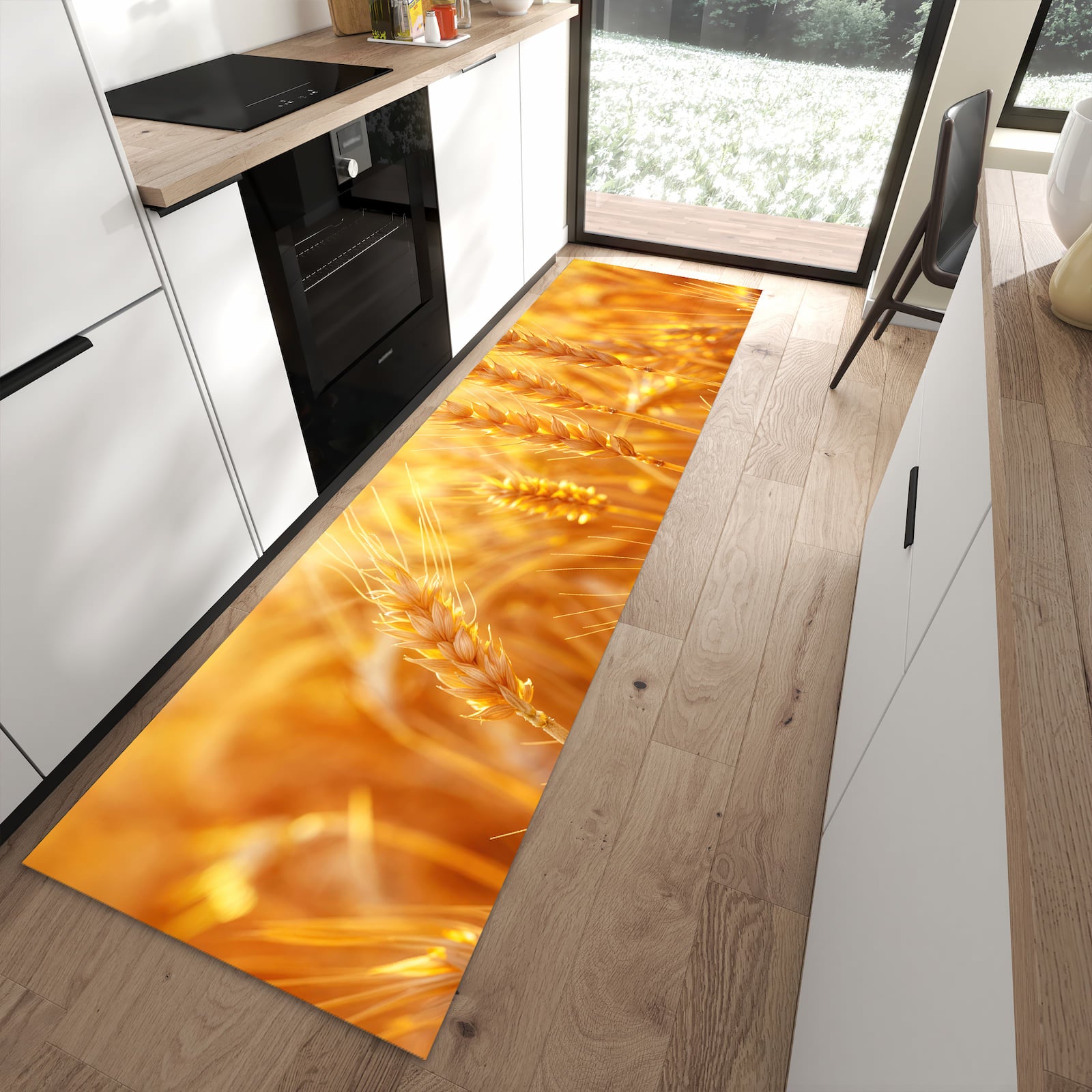 Rutschfester Küchenteppich mit Motiv Sonnenuntergang von Weizenfeld in moderner Küche