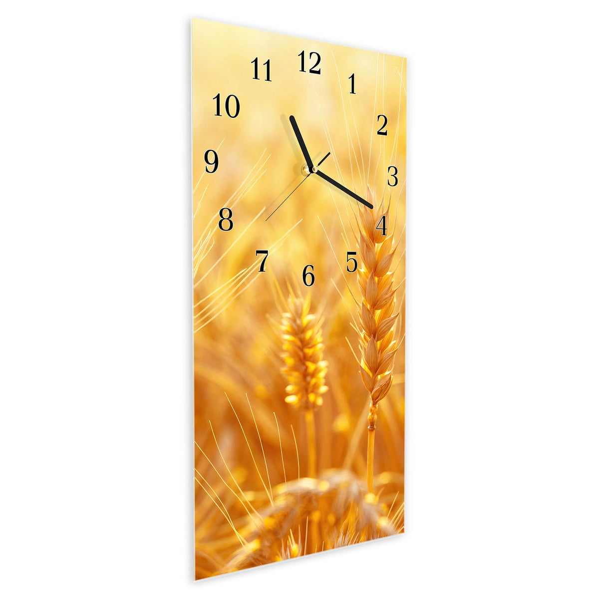 Vormontiert – mit Schwebeeffekt – Wanduhr Goldene Ähren im Abendlicht aus Glas – Hochformat 30 × 60 cm