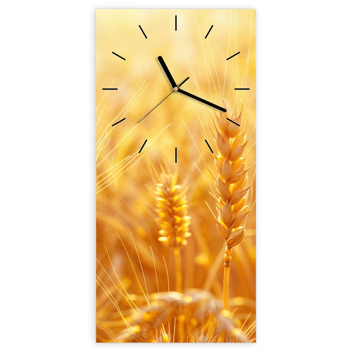 Wanduhr Goldene Ähren im Abendlicht aus Glas – Hochformat 30 × 60 cm mit Ziffernblatt Linie