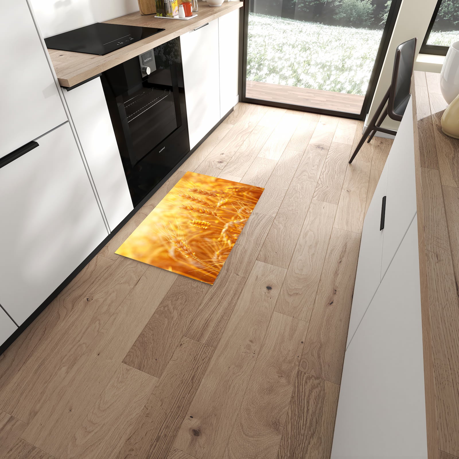 Flacher Küchenteppich mit Motiv Sonnenuntergang von Weizenfeld in moderner Küche