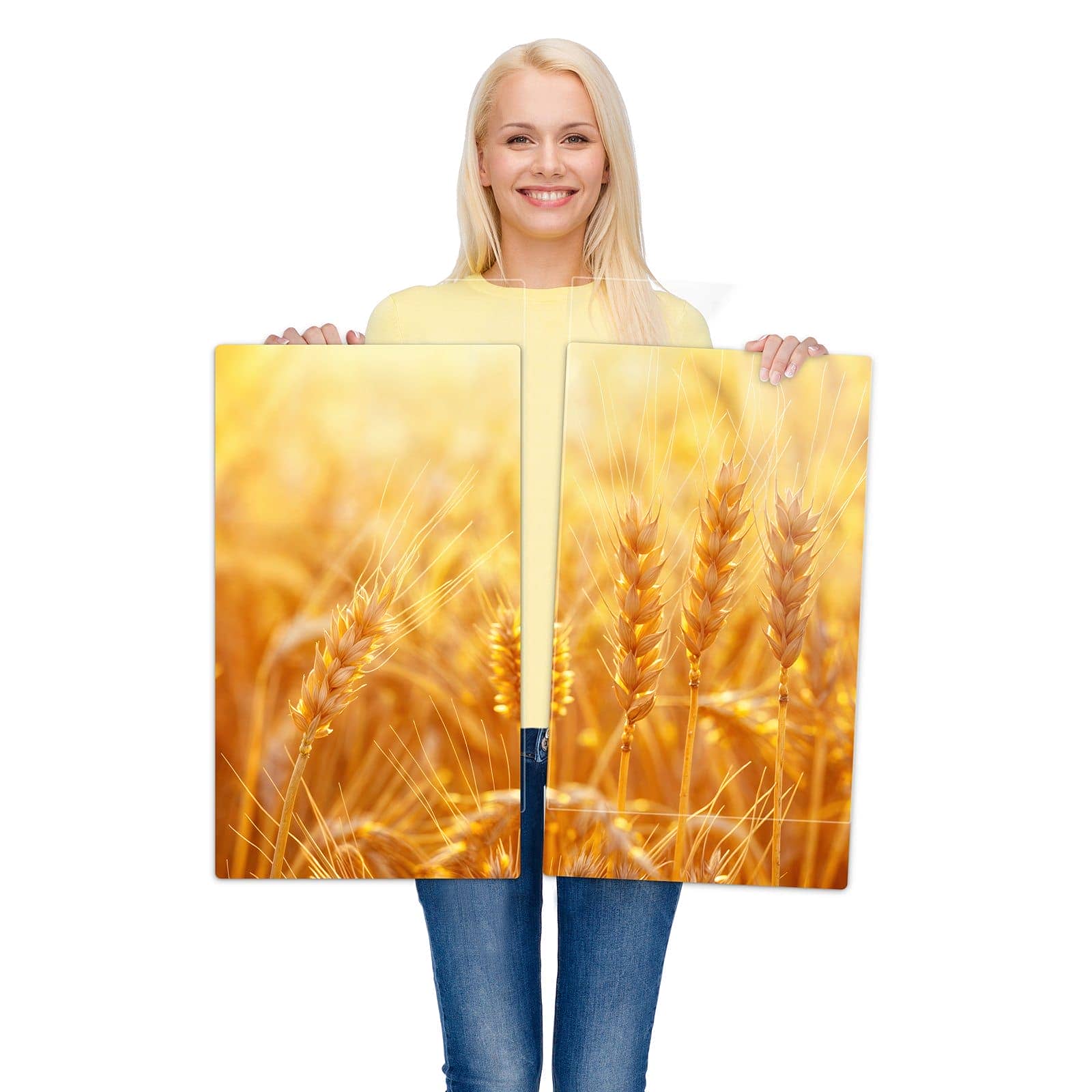 2-teilige Herdabdeckplatten mit Goldene Ähren im Abendlicht-Motiv wird zur Größendarstellung gehalten
