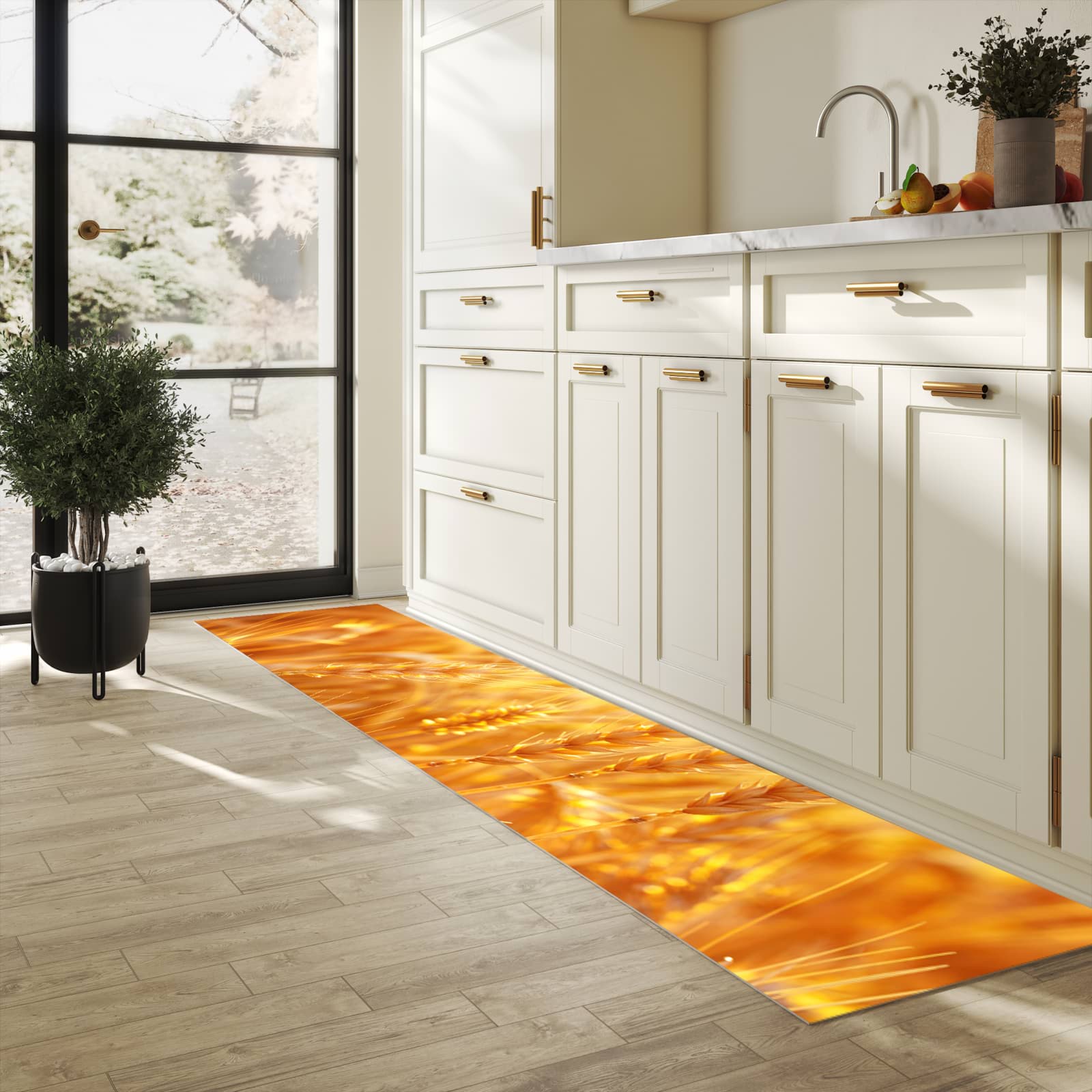 Flacher moderner Küchenläufer mit Motiv Sonnenuntergang von Weizenfeld in heller Küche