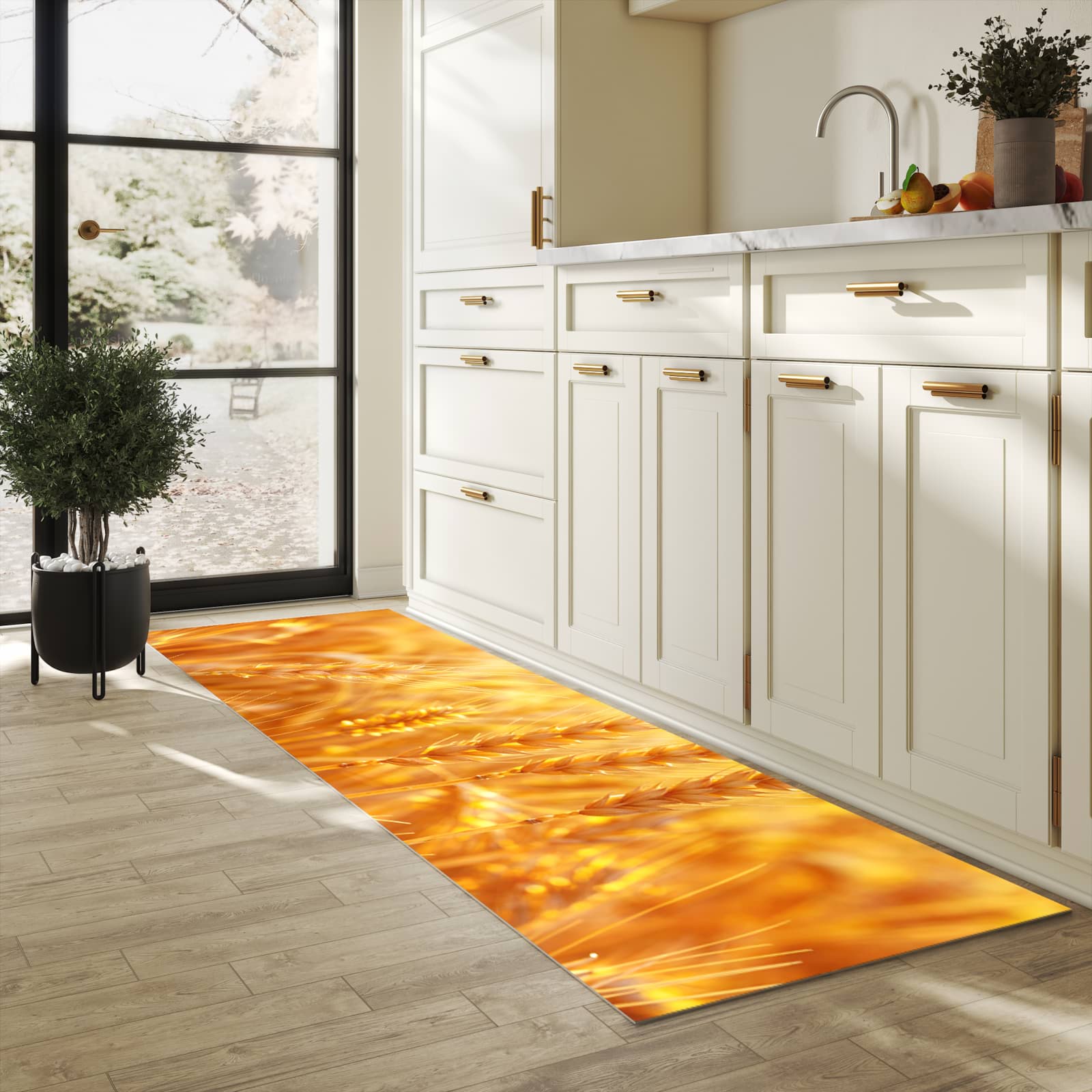 Pflegeleichter Küchenteppich mit Motiv Sonnenuntergang von Weizenfeld in heller Küche