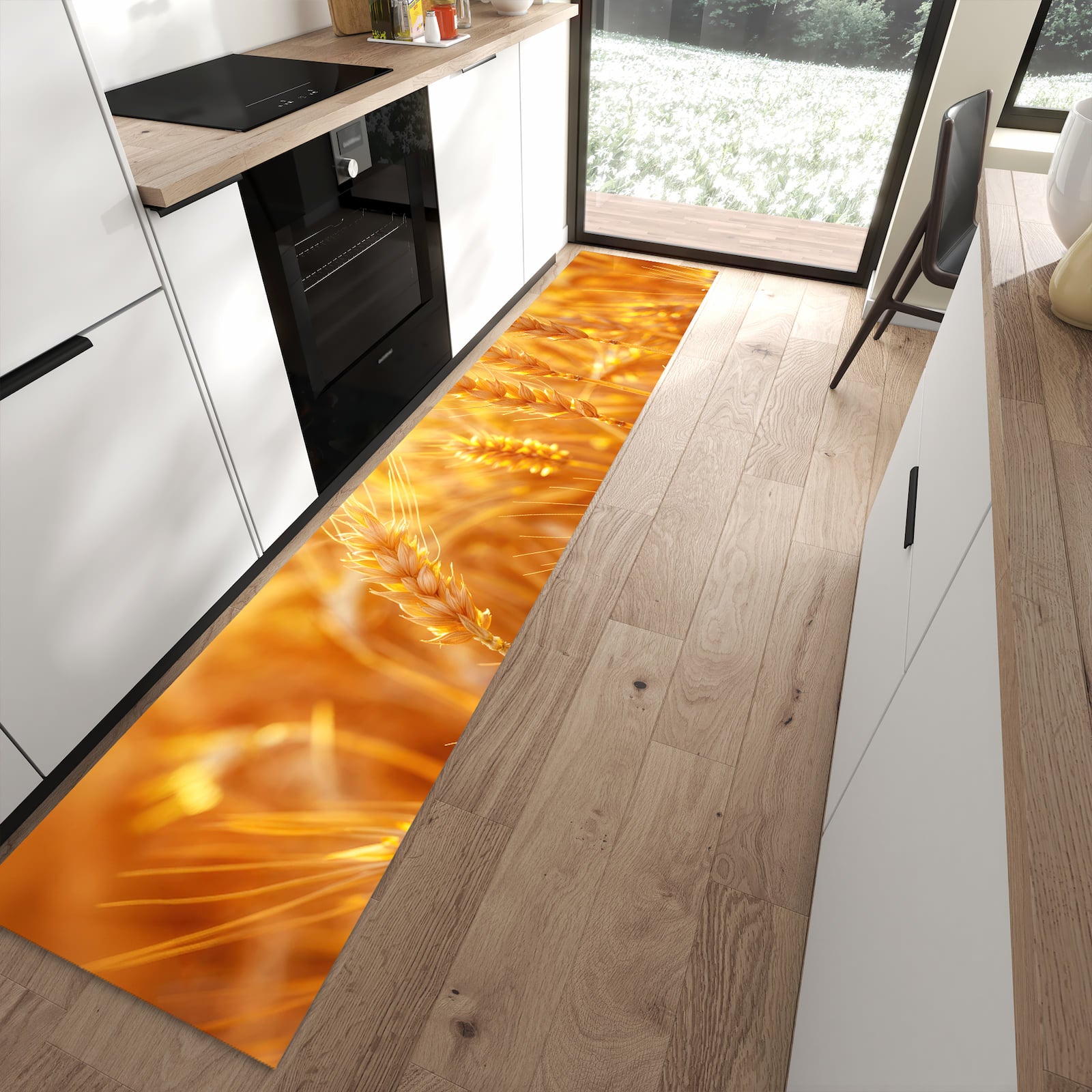 Langlebiger Küchenläufer mit Motiv Sonnenuntergang von Weizenfeld in moderner Küche