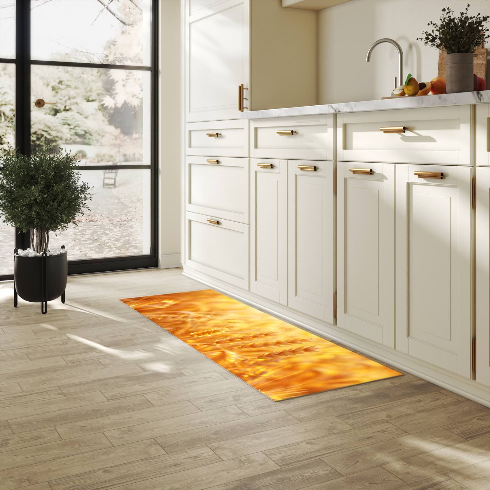 Schmutzabweisender moderner Küchenläufer mit Motiv Sonnenuntergang von Weizenfeld in heller Küche