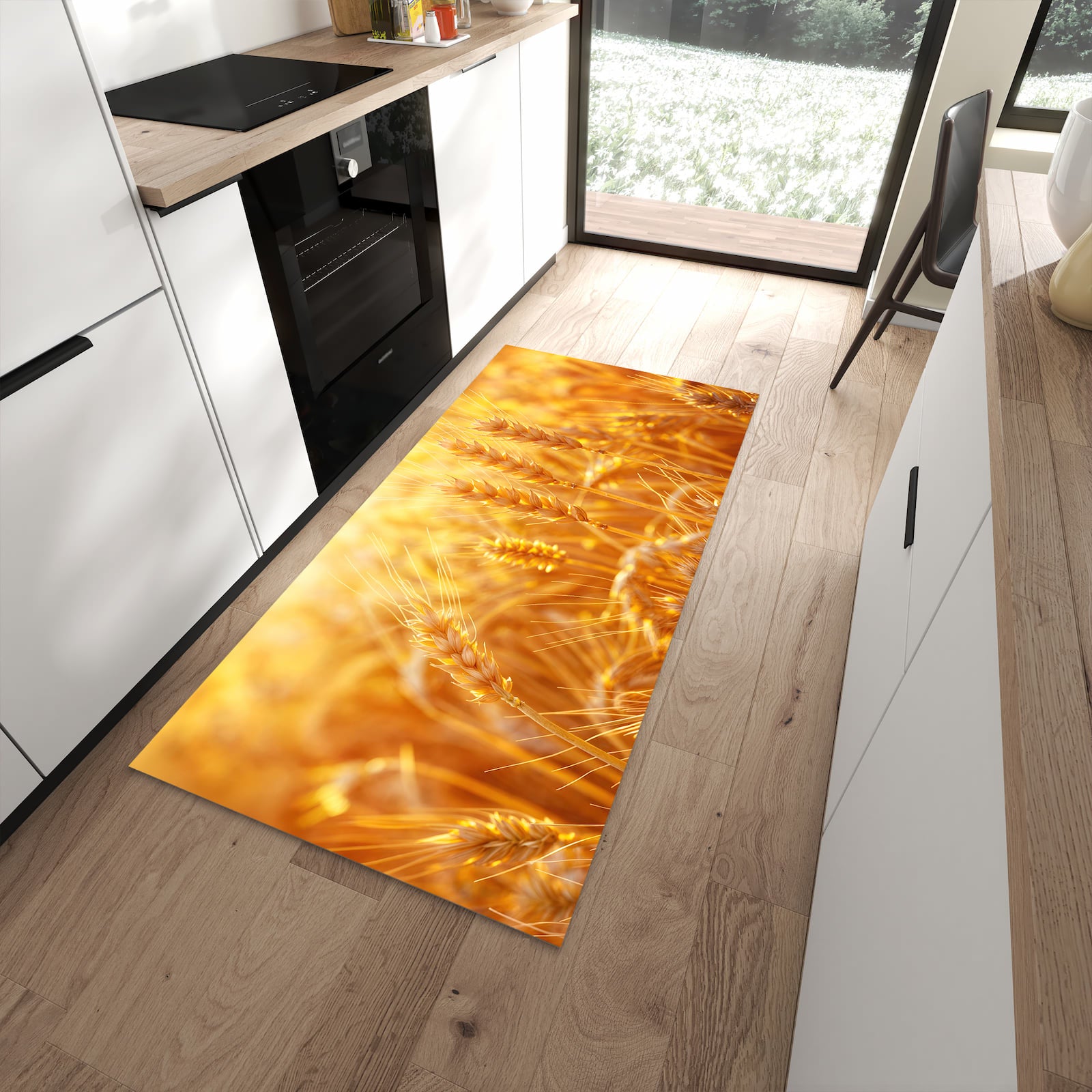 Küchenteppich mit Motiv Sonnenuntergang von Weizenfeld für angenehme Haptik in moderner Küche