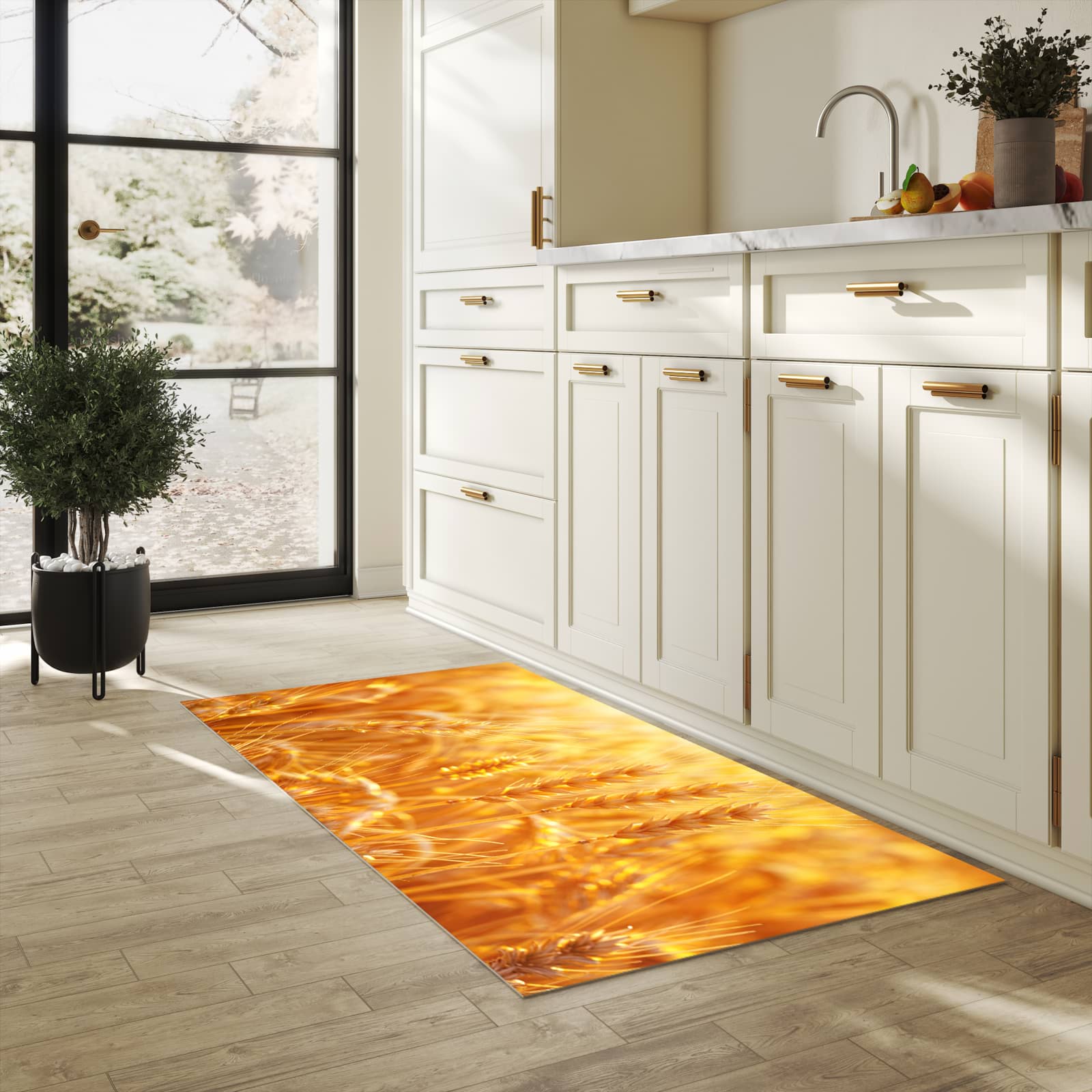 Hygienischer Küchenteppich mit Motiv Sonnenuntergang von Weizenfeld in heller Küche