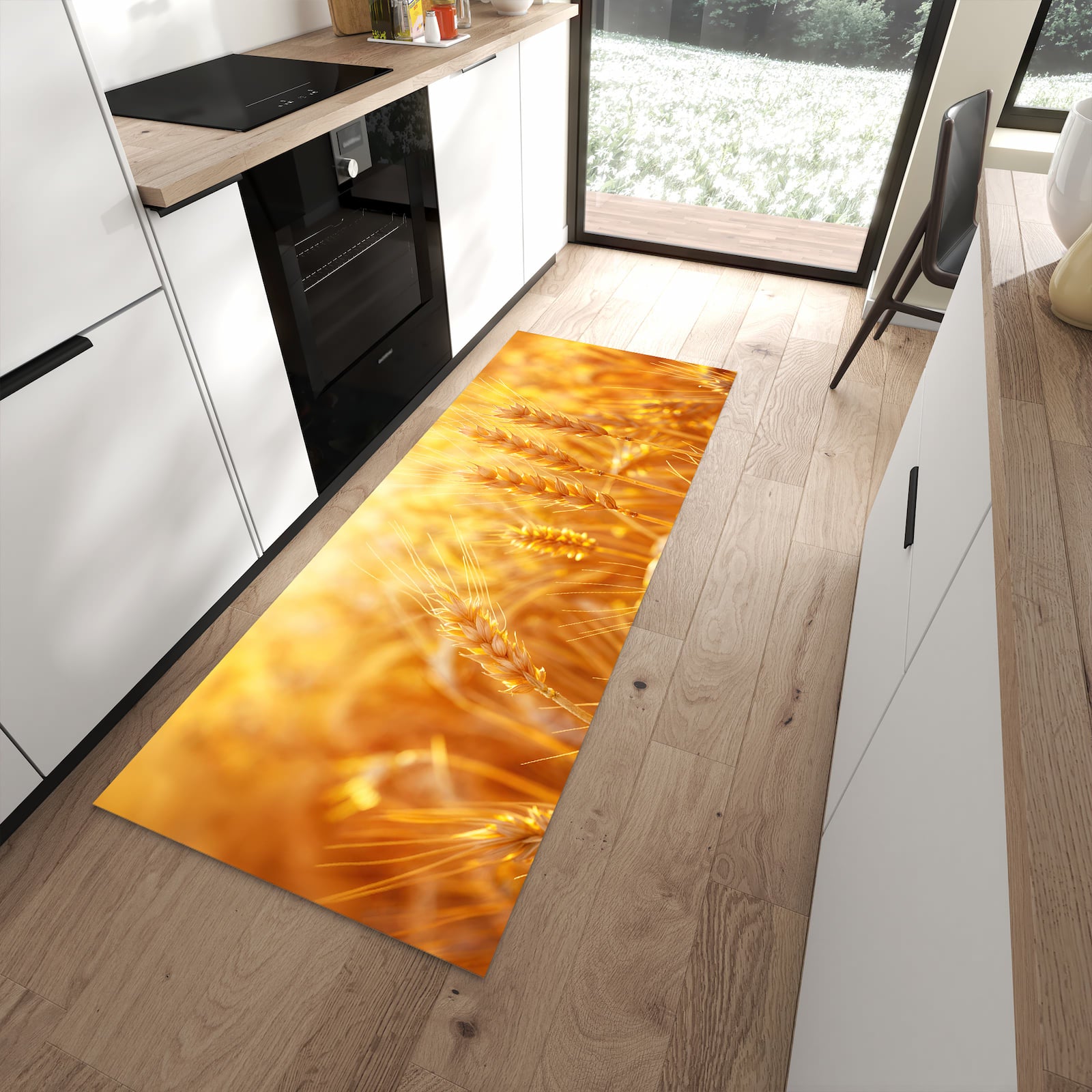 Pflegeleichter Teppich für Küche mit Motiv Sonnenuntergang von Weizenfeld in moderner Küche