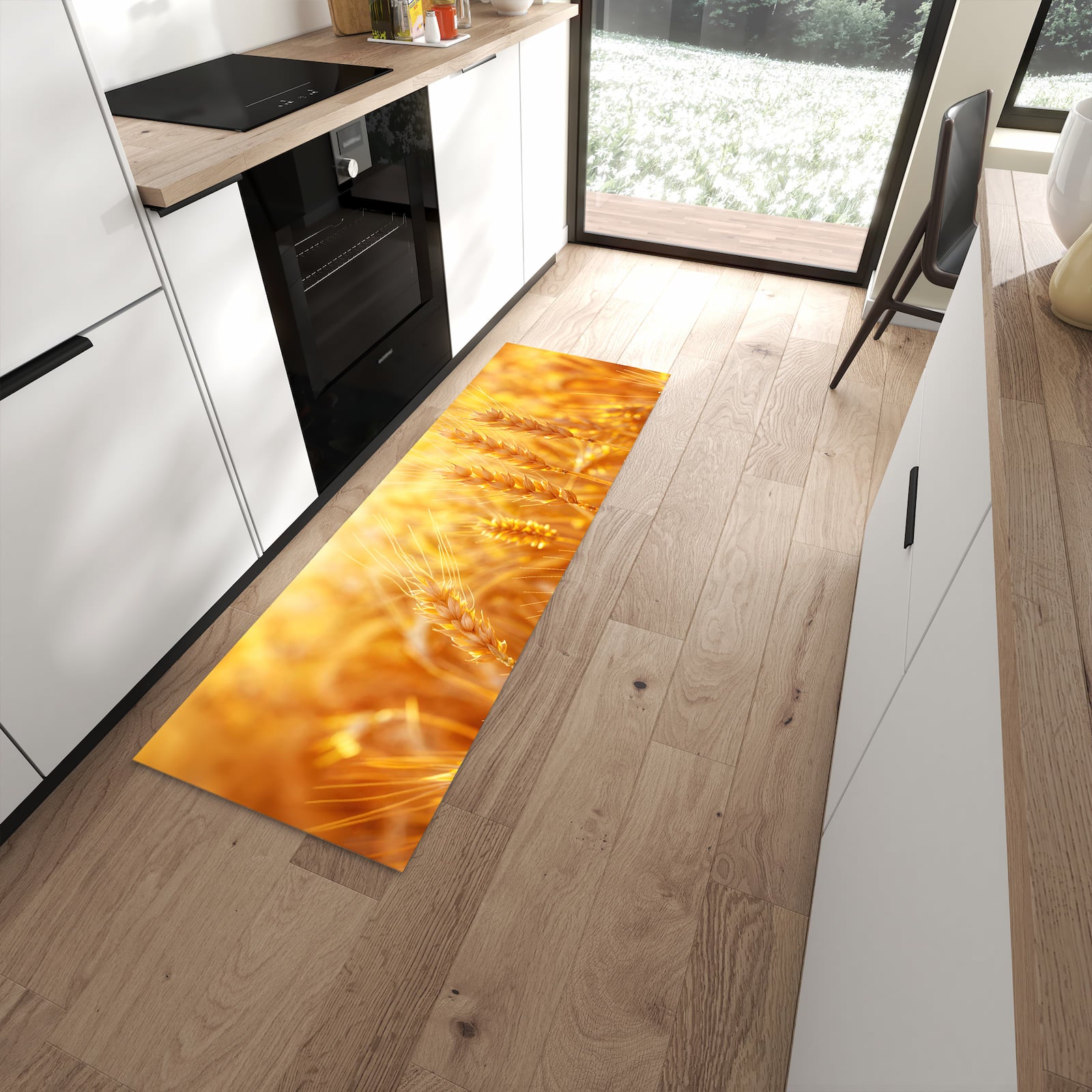 Fleckenresistenter moderner Küchenläufer mit Motiv Sonnenuntergang von Weizenfeld in moderner Küche