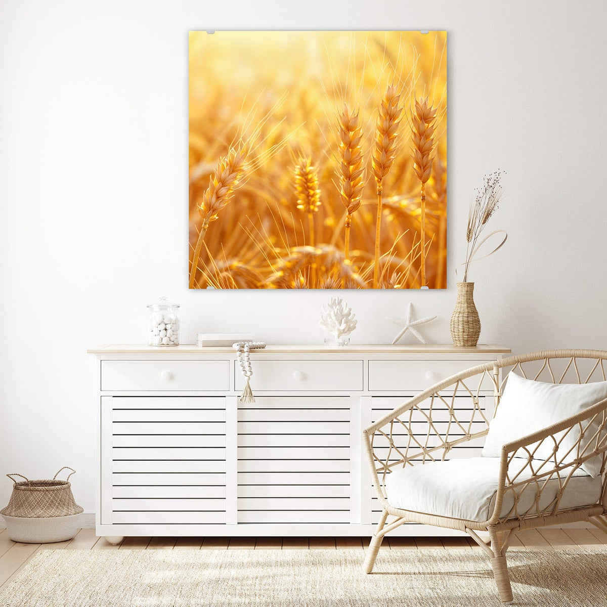 Echtglas, 4 mm – kein Acryl, keine Folie – Wandbild - Weizen im Gegenlicht - Quadratisch