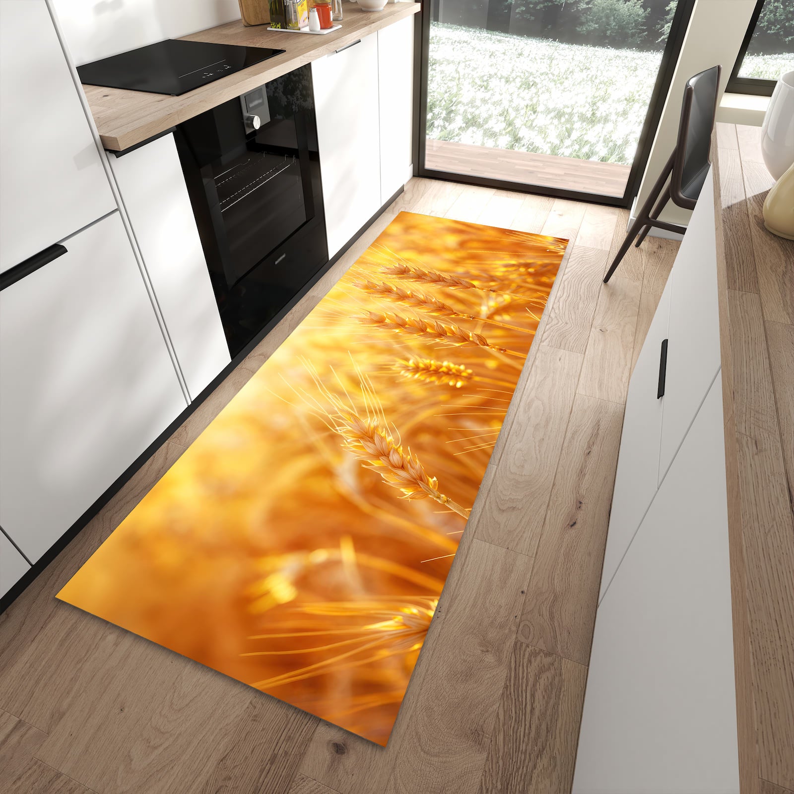 Hygienischer Küchenteppich mit Motiv Sonnenuntergang von Weizenfeld in moderner Küche