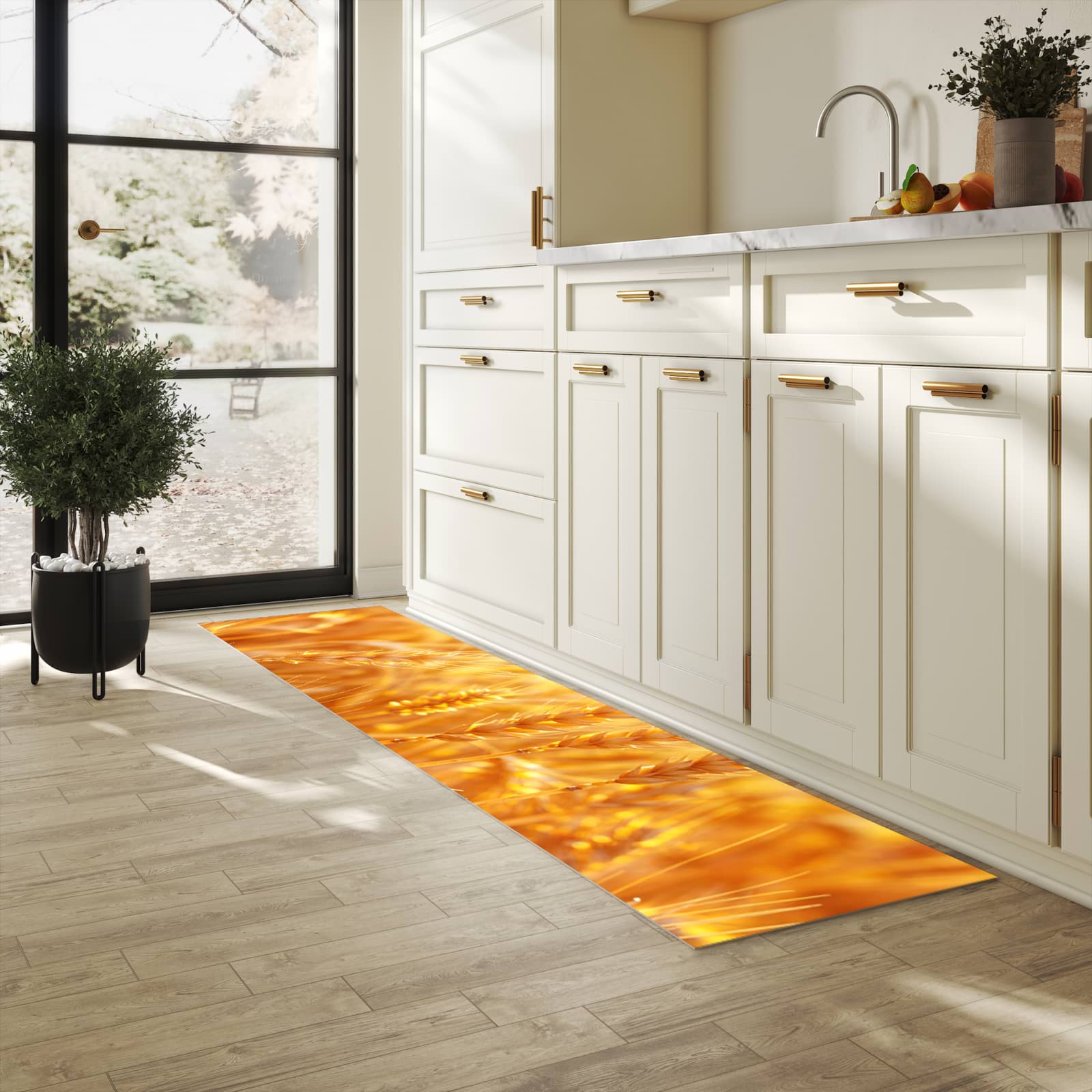 Langlebiger, waschbarer Küchenläufer mit Motiv Sonnenuntergang von Weizenfeld in heller Küche