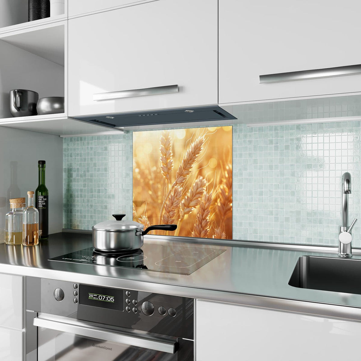 Küchenrückwand aus Glas Reife Weizenähren im quadratischen Format als Spritzschutz hinter dem Kochfeld, über dem Fliesenspiegel montiert