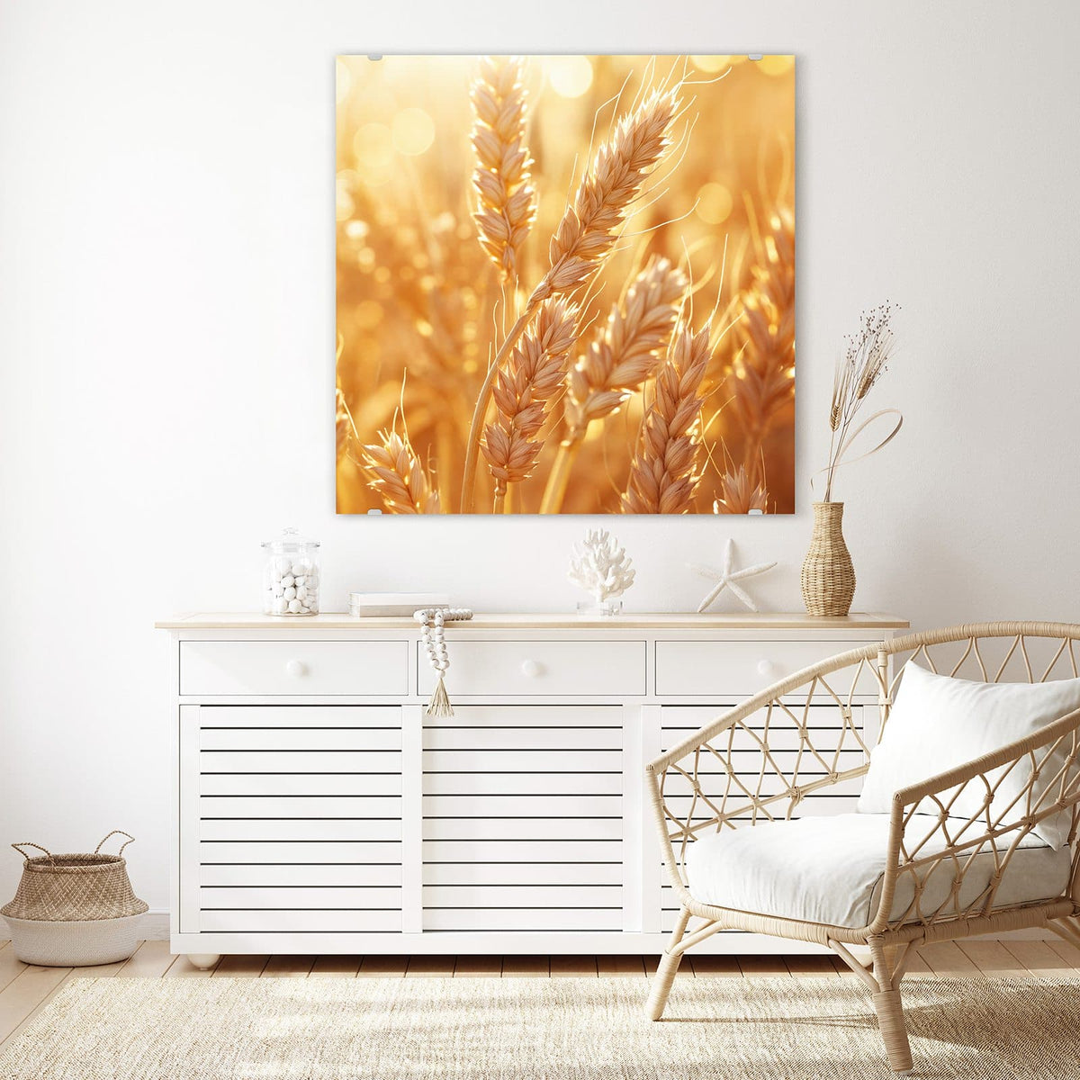 Echtglas, 4 mm – kein Acryl, keine Folie – Wandbild - Reife Weizenähren - Quadratisch