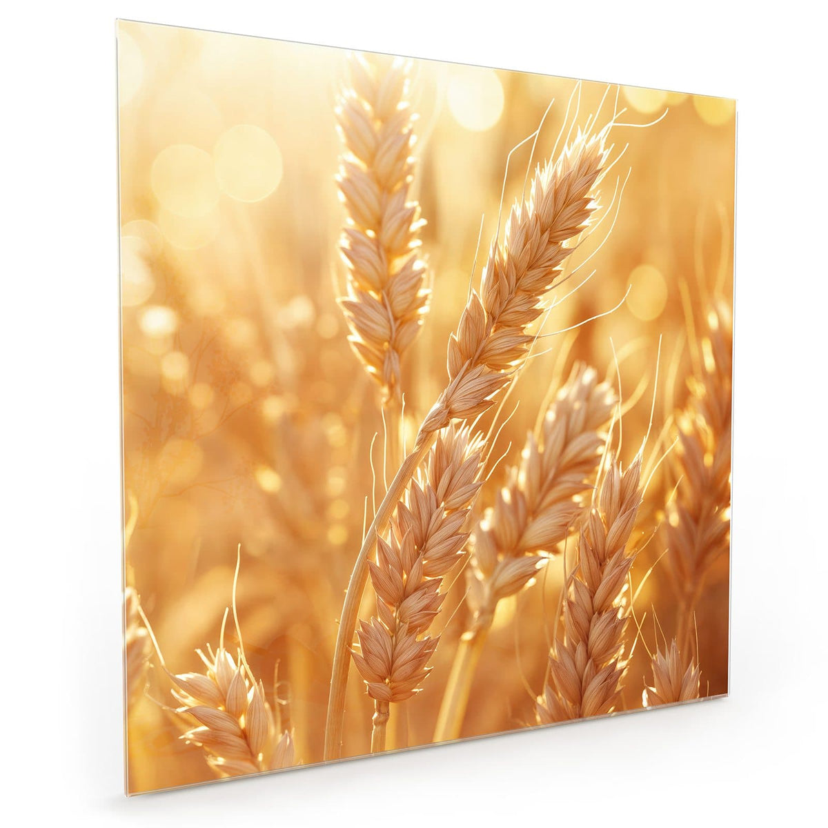 Küchenrückwand aus Glas im quadratischen Format: Reife Weizenähren in Nahaufnahme vor goldenem Bokeh #grösse_40 x 40 cm #grösse_50 x 50 cm #grösse_60 x 60 cm