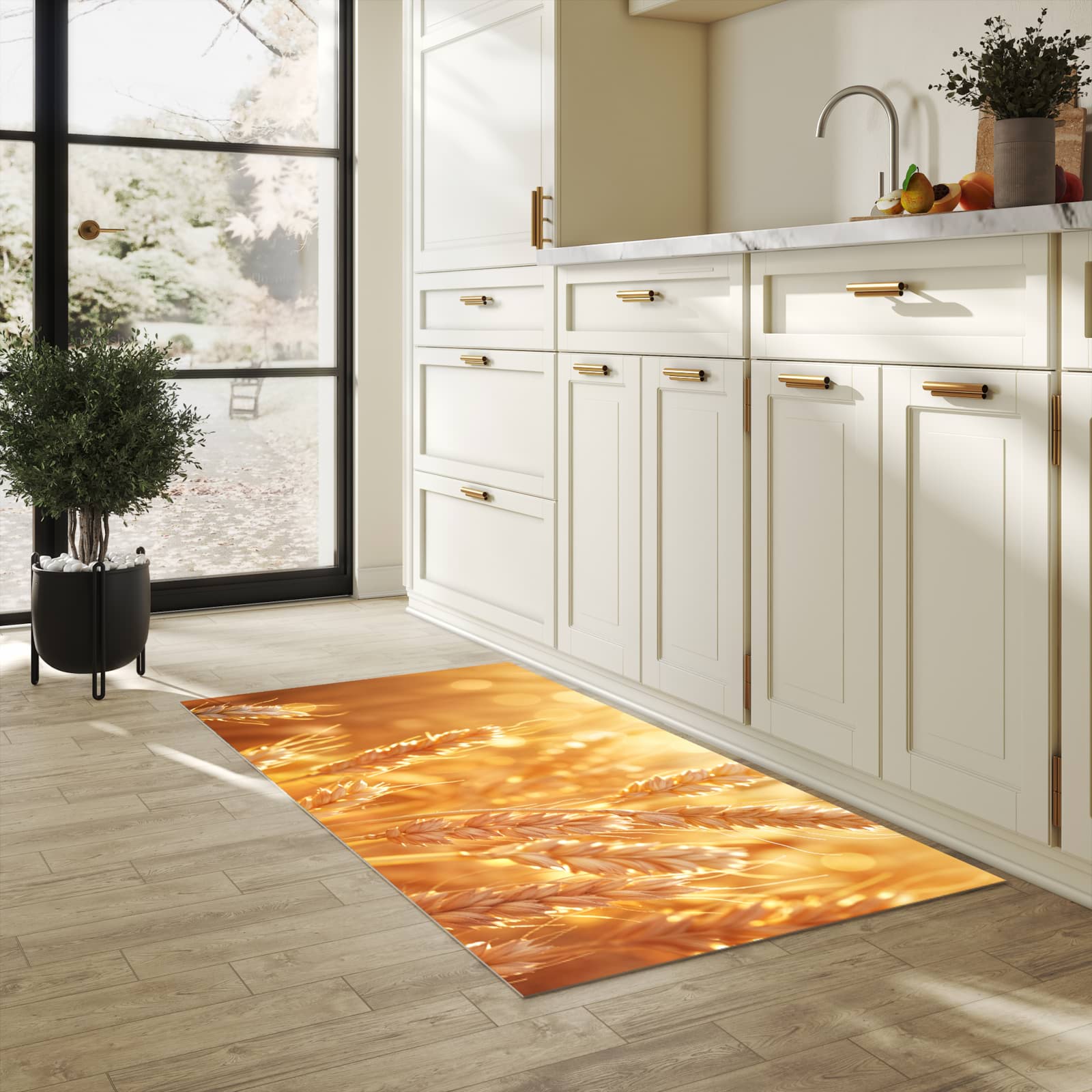 UV-beständiger rutschfester Küchenläufer mit Motiv Weizenfelder in heller Küche