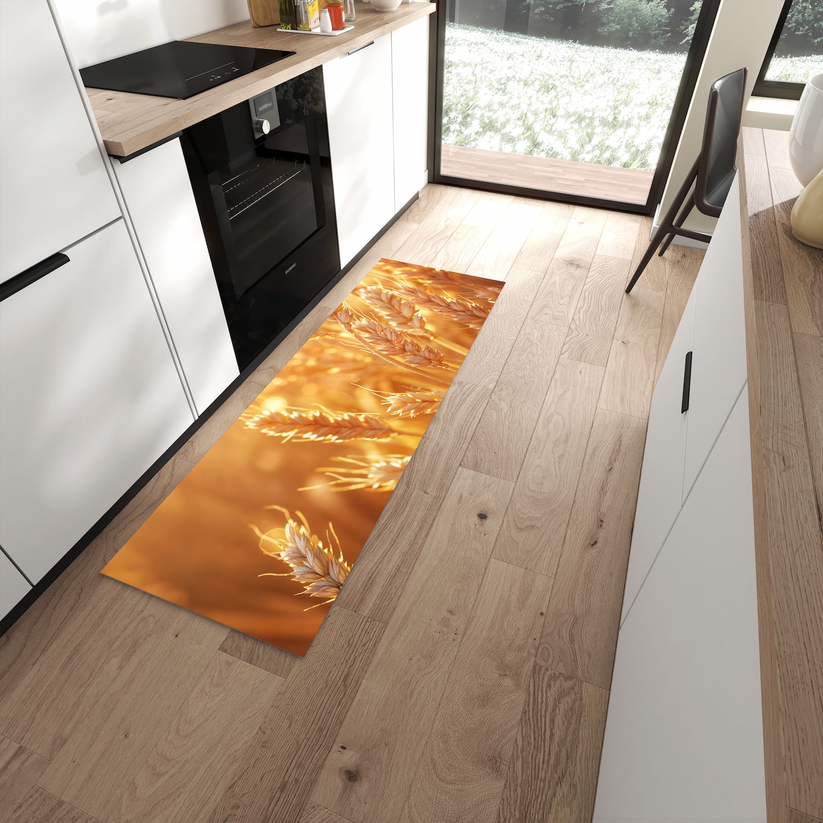 Feuchtigkeitsresistenter Küchenteppich mit Motiv Weizenfelder in moderner Küche