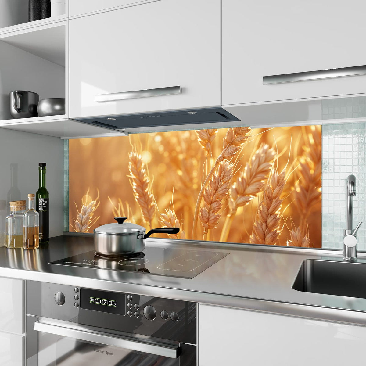 Küchenrückwand aus Glas Reife Weizenähren im Hochformat als Spritzschutz hinter dem Kochfeld, über dem Fliesenspiegel montiert