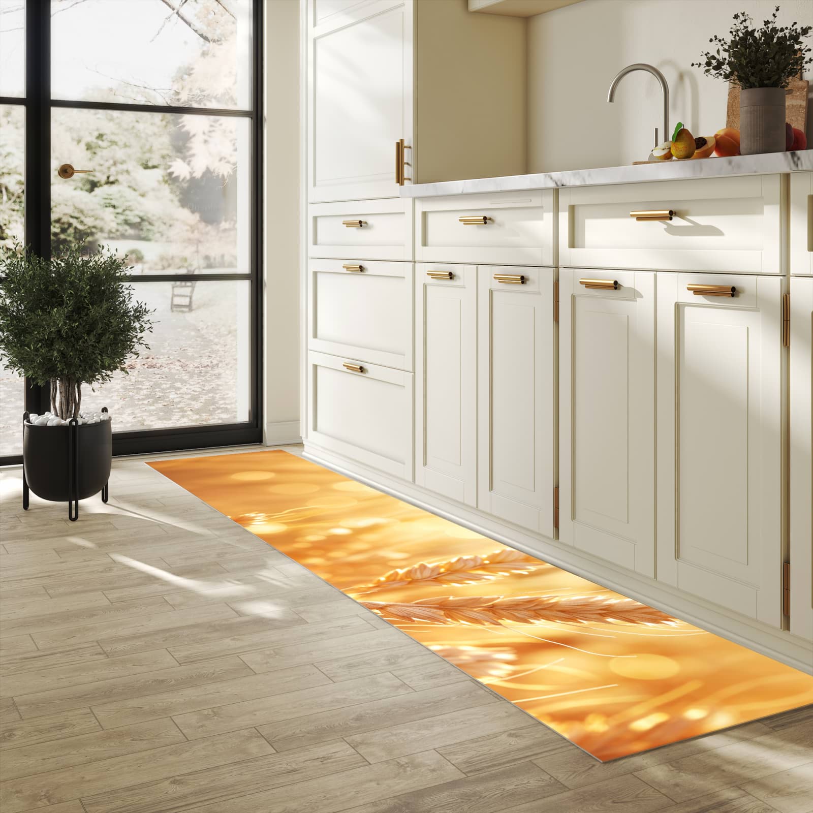 Farbbeständiger rutschfester Küchenteppich mit Motiv Weizenfelder in heller Küche