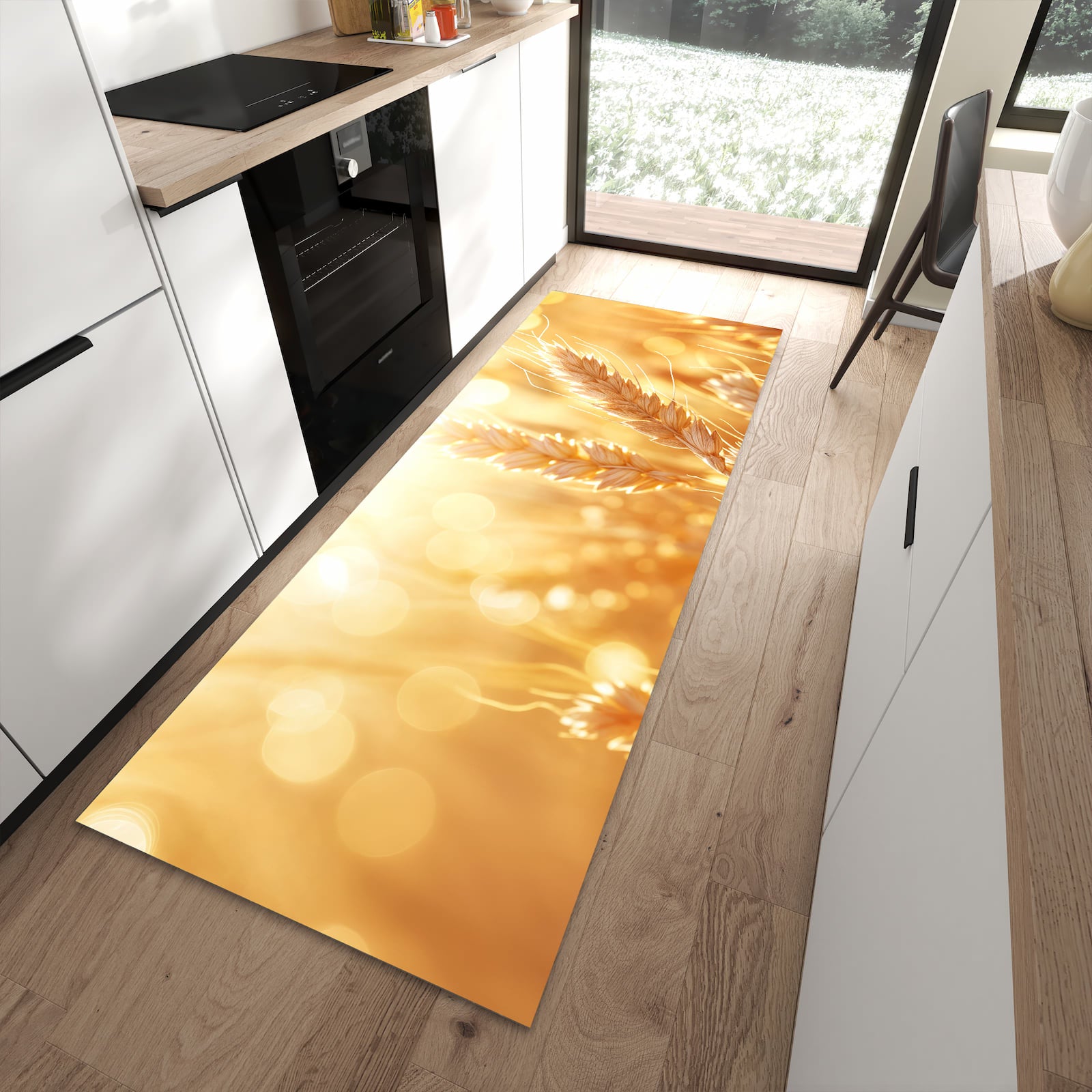 UV-beständiger Küchenläufer mit Motiv Weizenfelder in moderner Küche