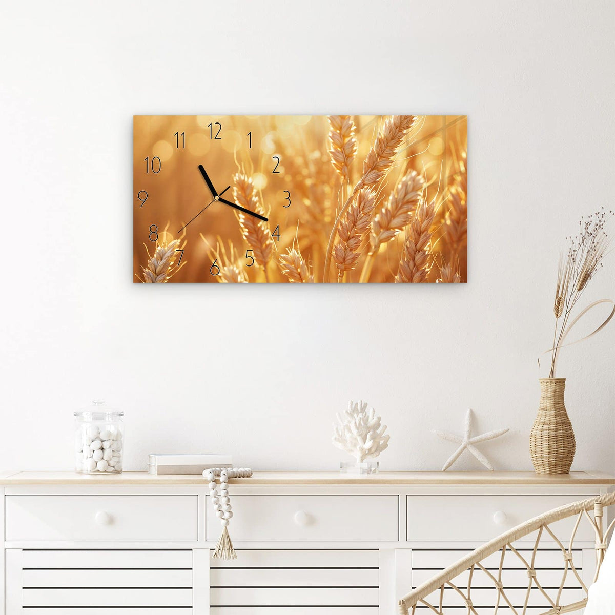 Wanduhr Weizenfelder aus Glas – Querformat 60 × 30 cm – Reife Weizenähren im Bokeh