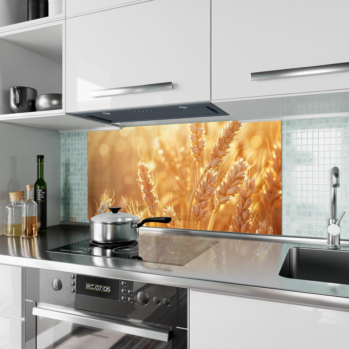 Küchenrückwand aus Glas Reife Weizenähren im Hochformat als Spritzschutz hinter dem Kochfeld, über dem Fliesenspiegel montiert