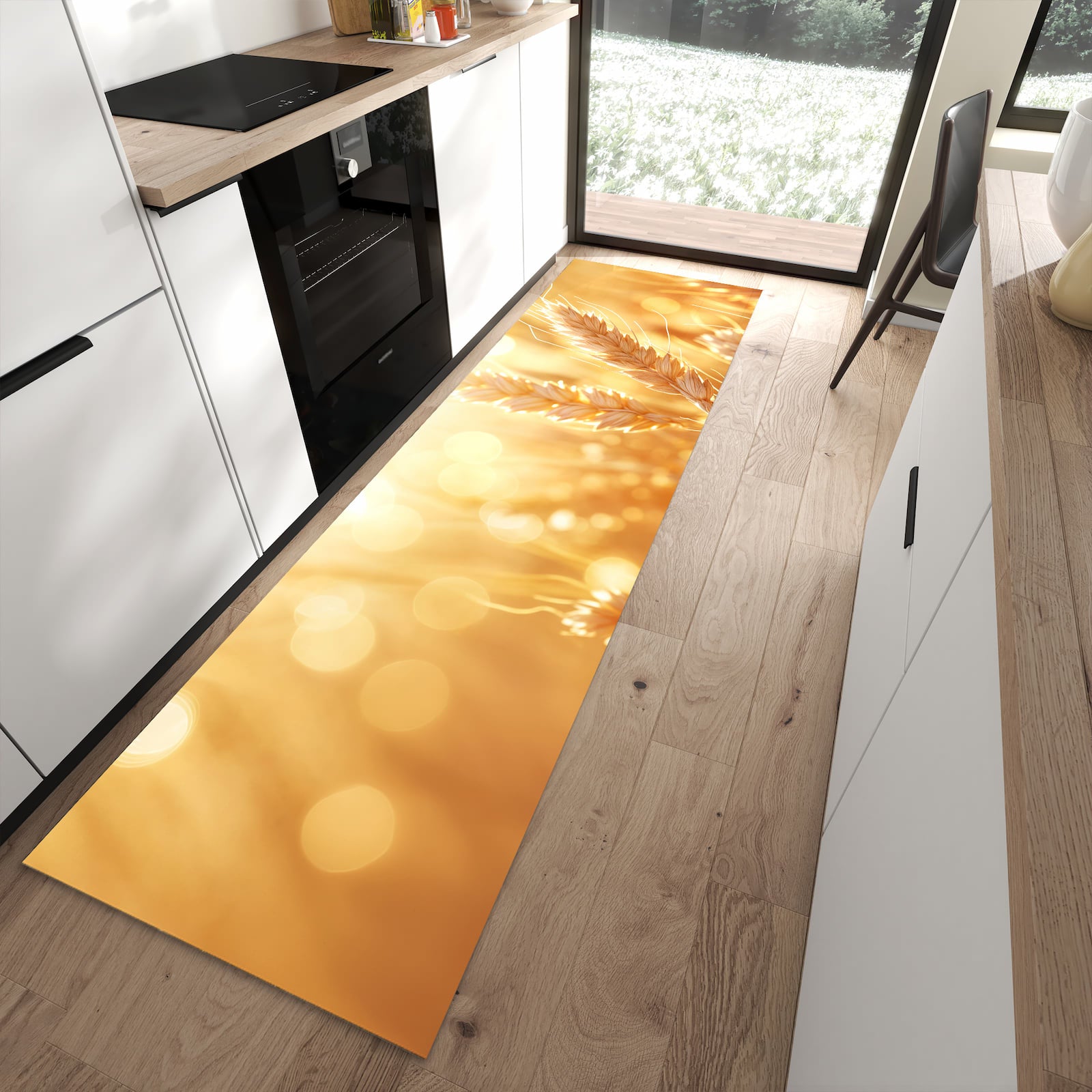 Zeitsparender rutschfester Küchenläufer mit Motiv Weizenfelder in moderner Küche