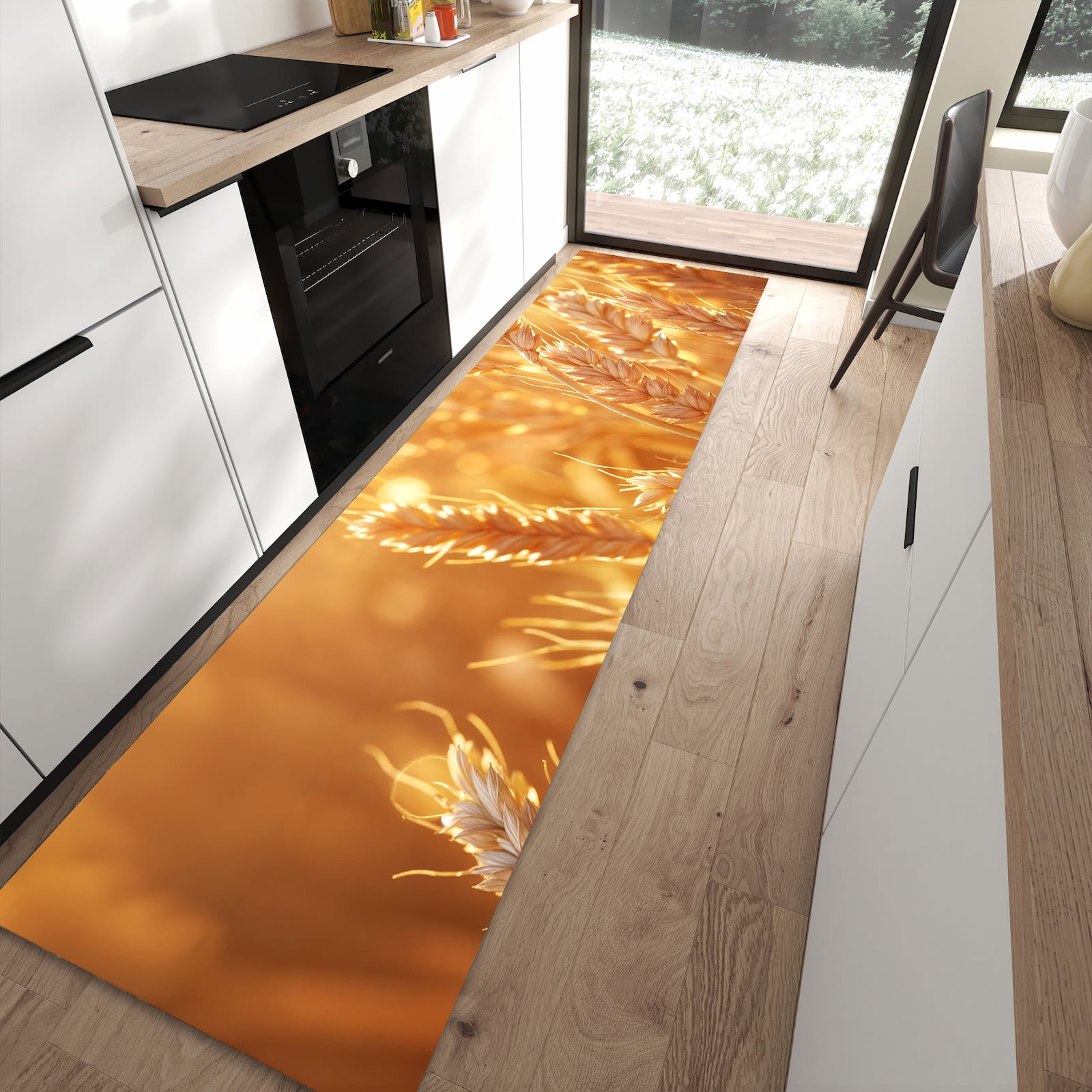 Geräuschdämpfender waschbarer Küchenläufer mit Motiv Weizenfelder in moderner Küche