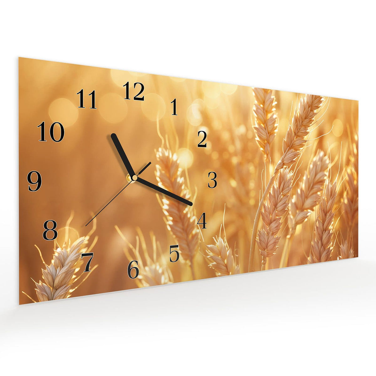 Vormontiert – mit Schwebeeffekt – Wanduhr Weizenfelder aus Glas – Querformat 60 × 30 cm