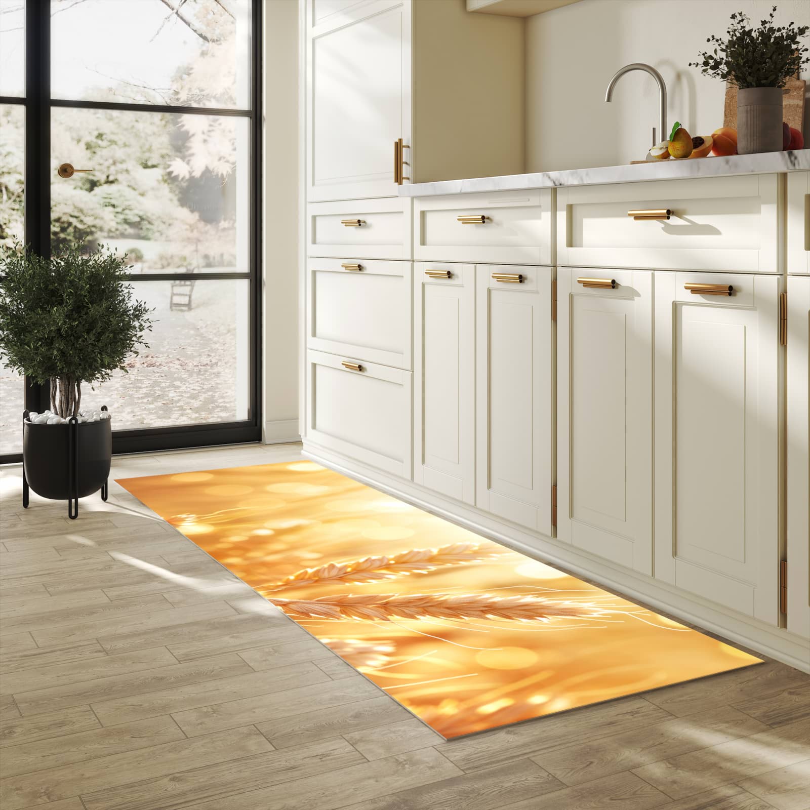 Zeitsparender Küchenläufer mit Motiv Weizenfelder in heller Küche