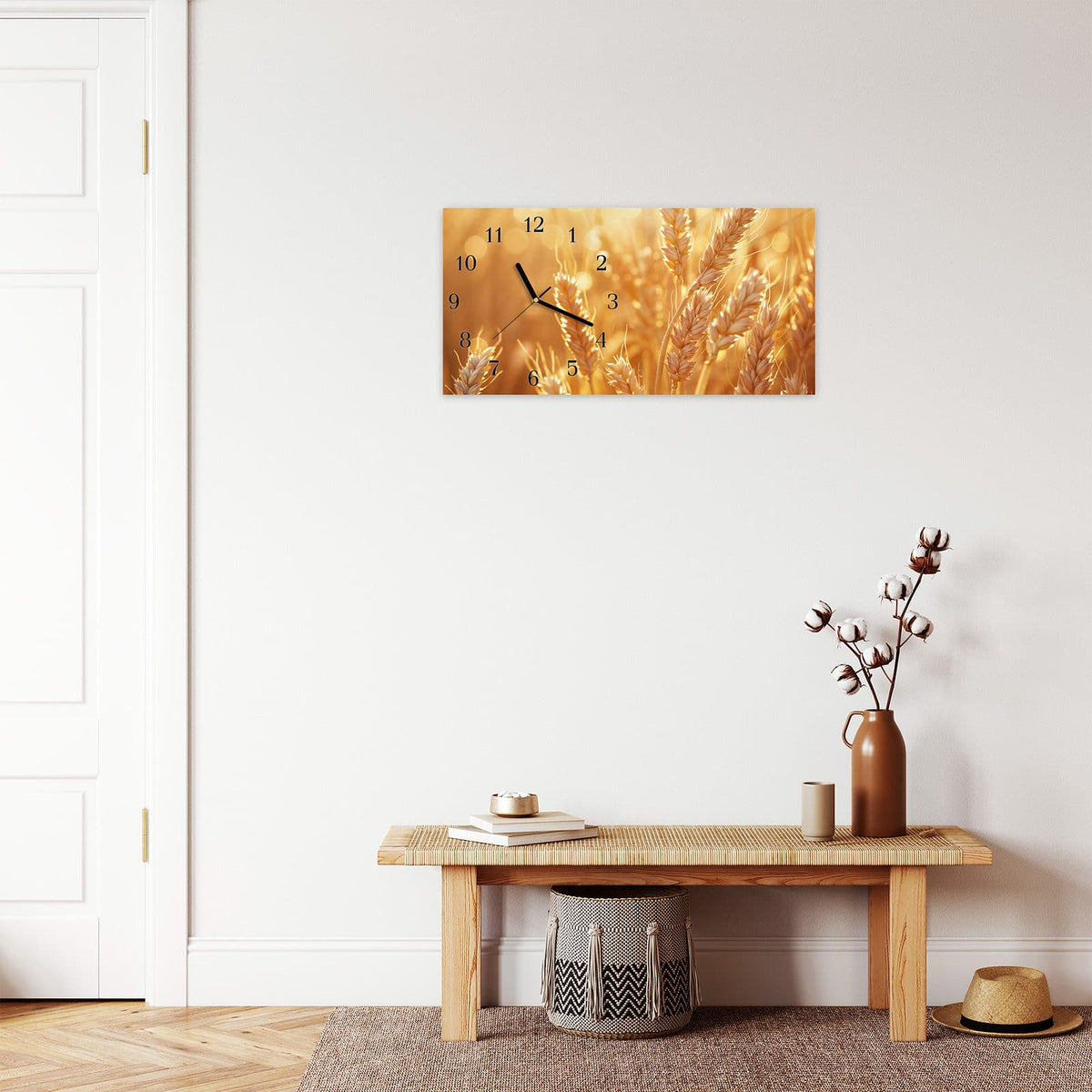 Moderne Wanduhr aus Glas mit Farbtiefe – Wanduhr Weizenfelder aus Glas – Querformat 60 × 30 cm