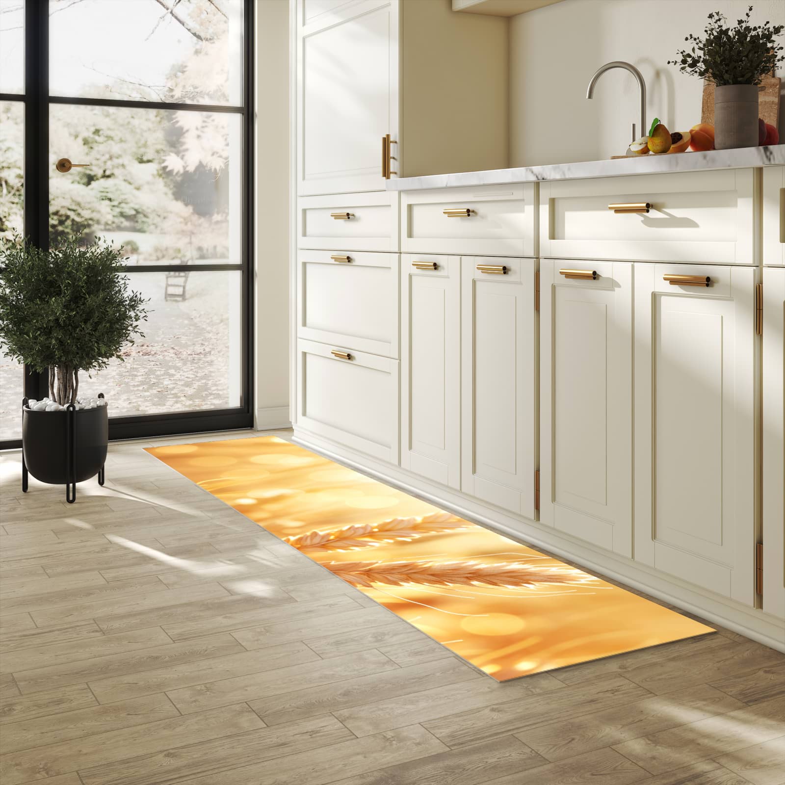 Bodenschonender großer Küchenteppich mit Motiv Weizenfelder in heller Küche