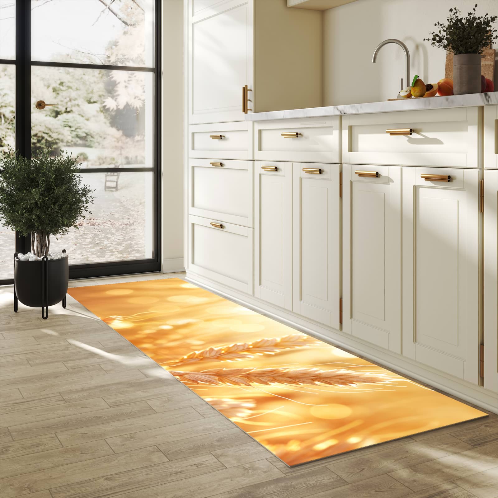 Geräuschdämpfender waschbarer Küchenläufer mit Motiv Weizenfelder in heller Küche